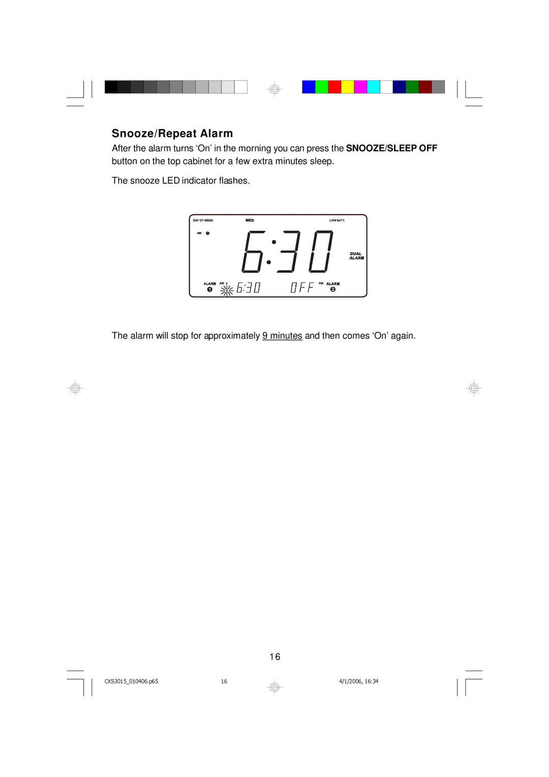 Emerson CKS3015 owner manual Snooze/Repeat Alarm 