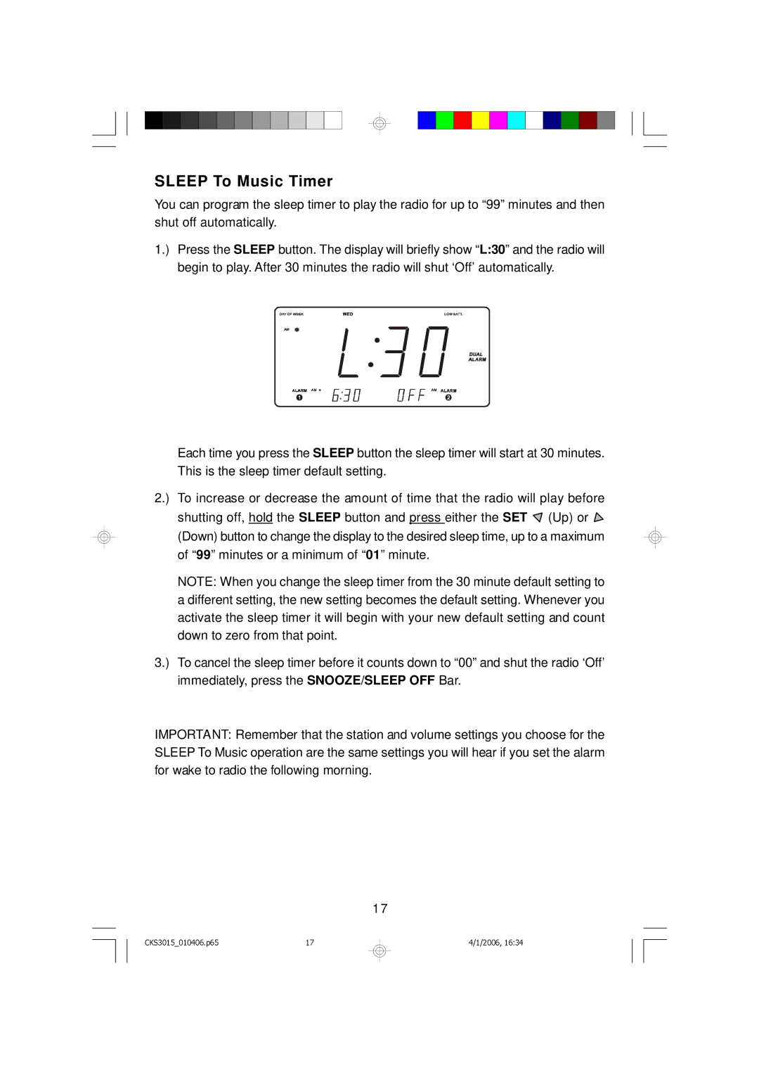 Emerson CKS3015 owner manual Sleep To Music Timer 