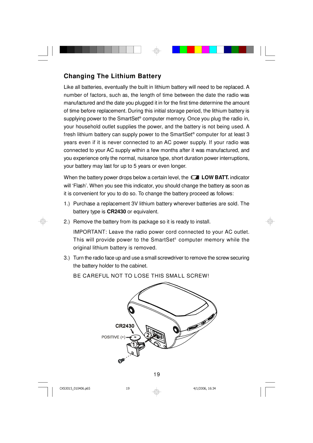 Emerson CKS3015 owner manual Changing The Lithium Battery, Be Careful not to Lose this Small Screw 