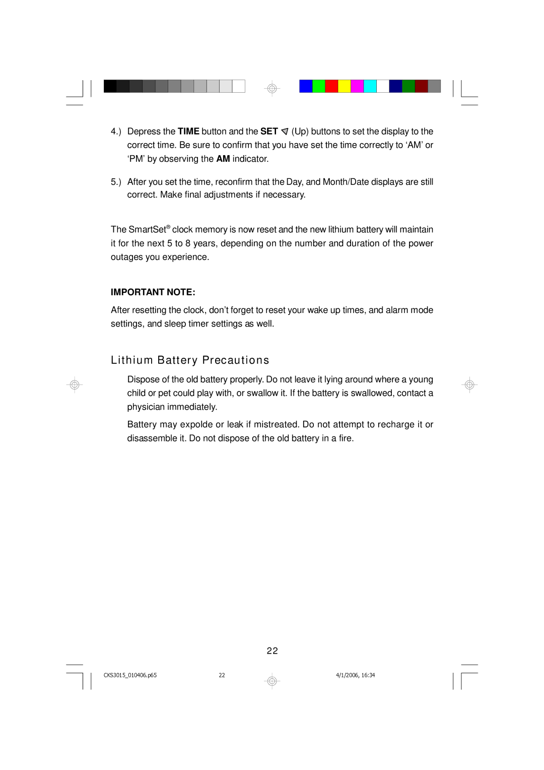 Emerson CKS3015 owner manual Lithium Battery Precautions 