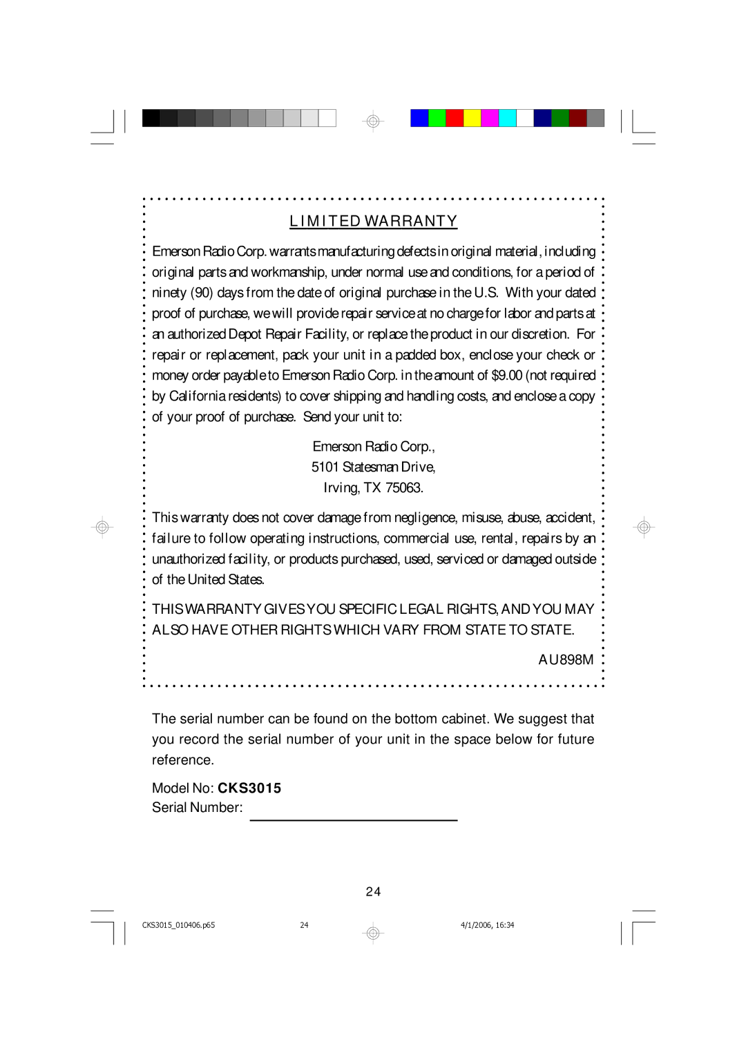 Emerson CKS3015 owner manual Limited Warranty 