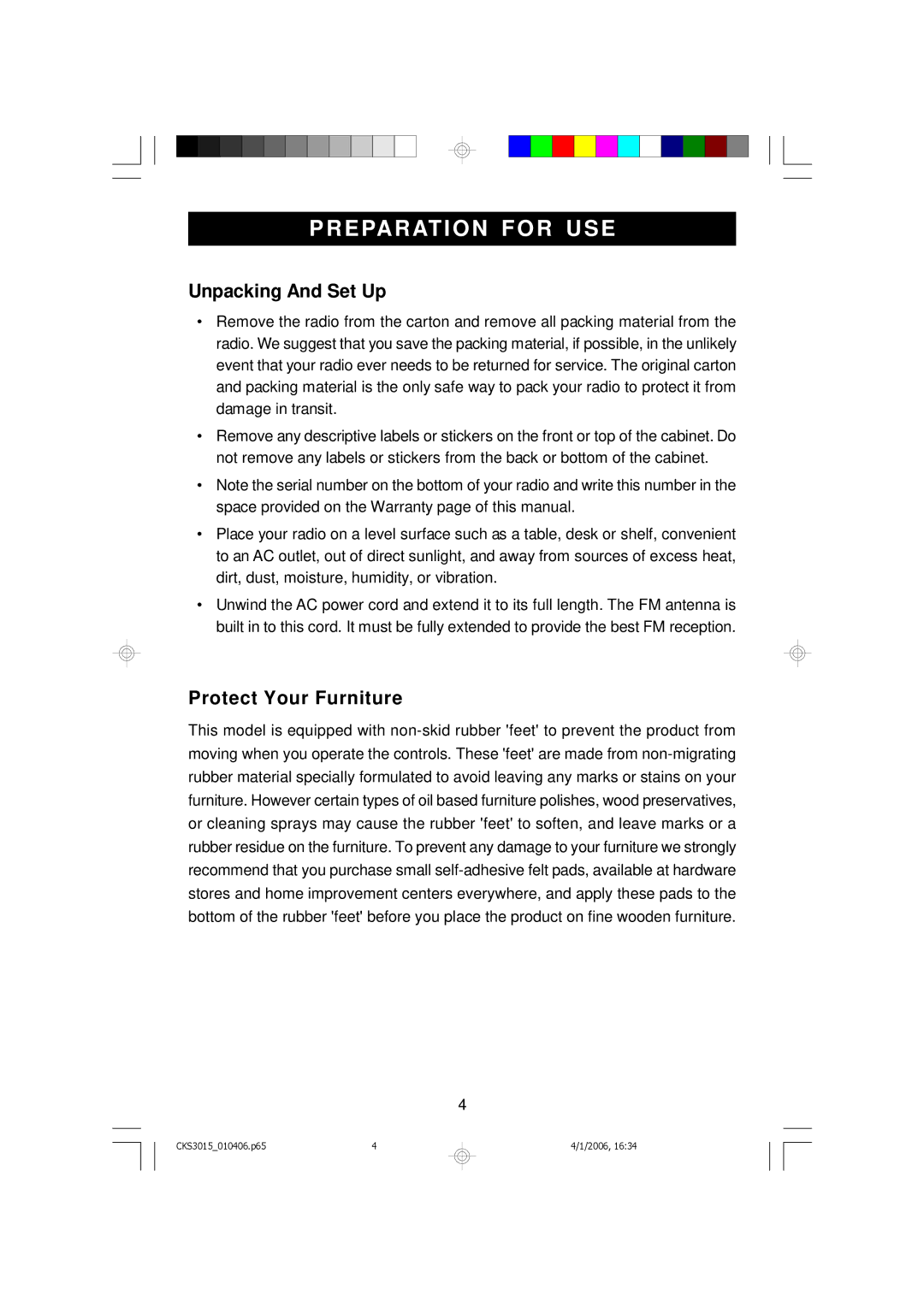 Emerson CKS3015 owner manual Unpacking And Set Up, Protect Your Furniture 