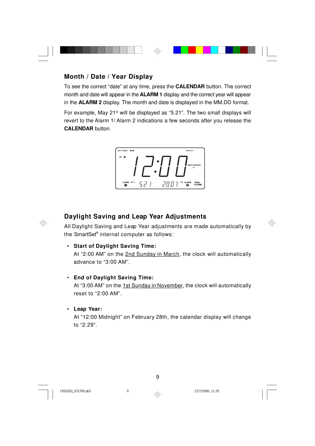 Emerson CKS3020 owner manual Month / Date / Year Display, Daylight Saving and Leap Year Adjustments 