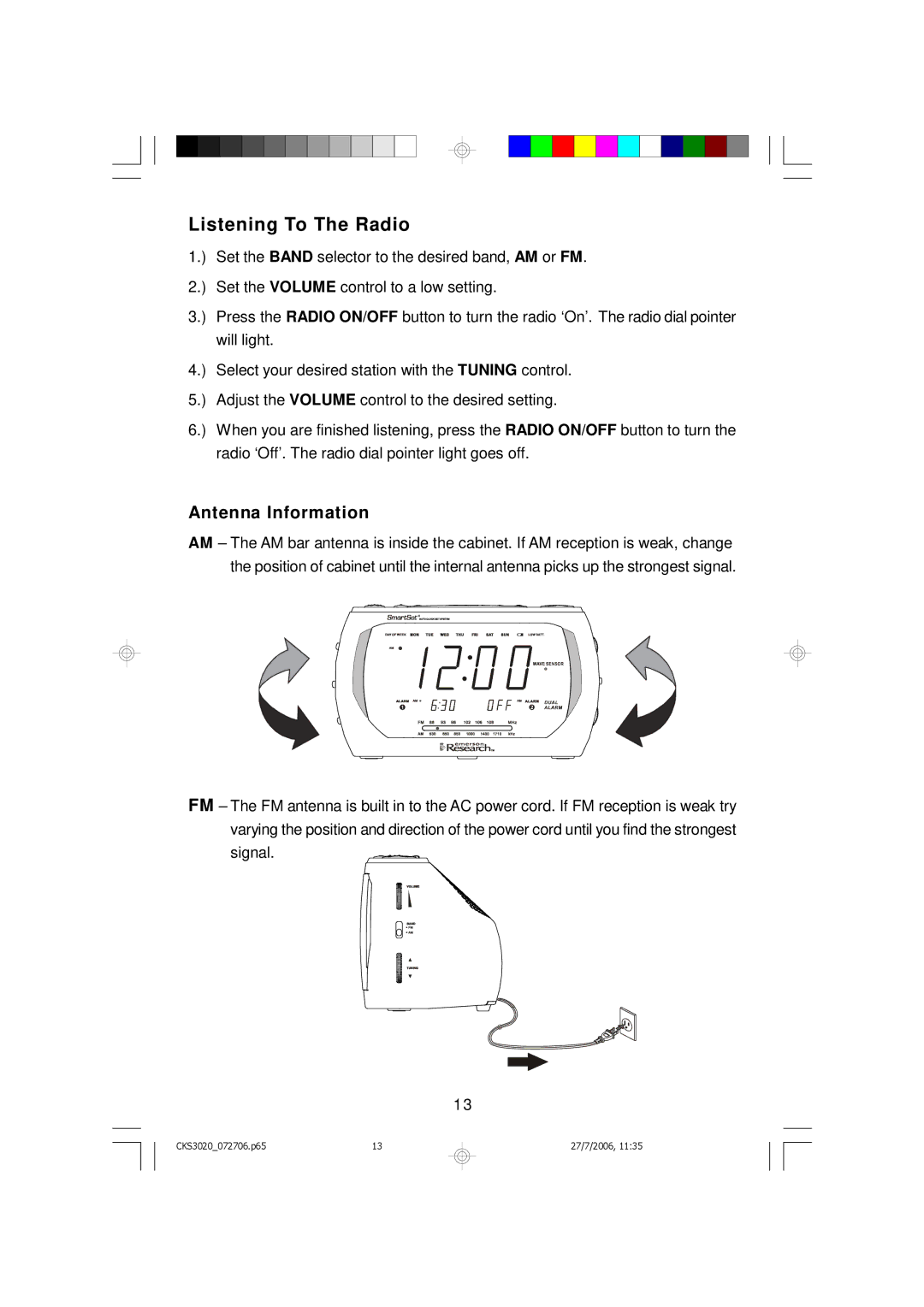 Emerson CKS3020 owner manual Listening To The Radio, Antenna Information 