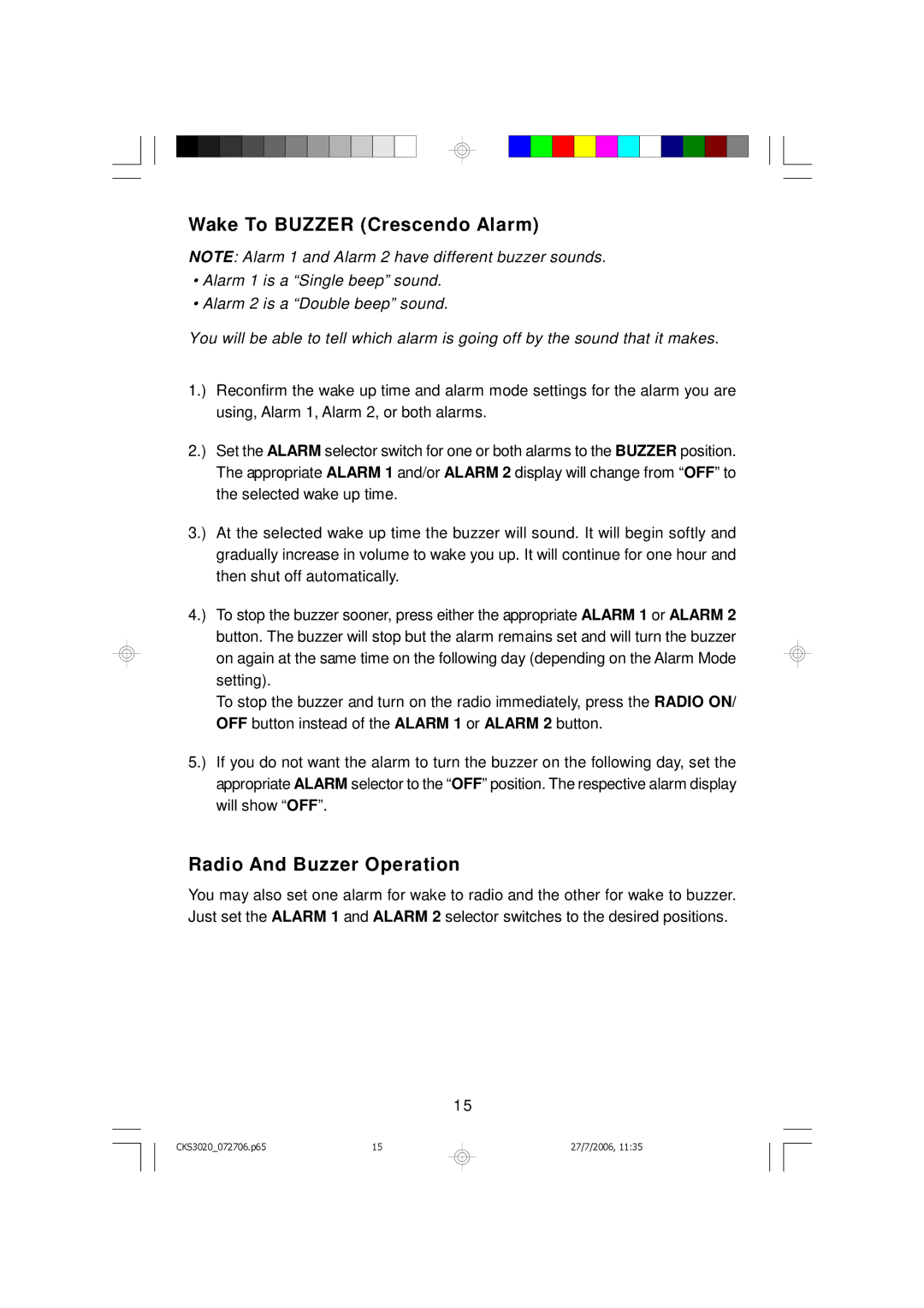 Emerson CKS3020 owner manual Wake To Buzzer Crescendo Alarm, Radio And Buzzer Operation 