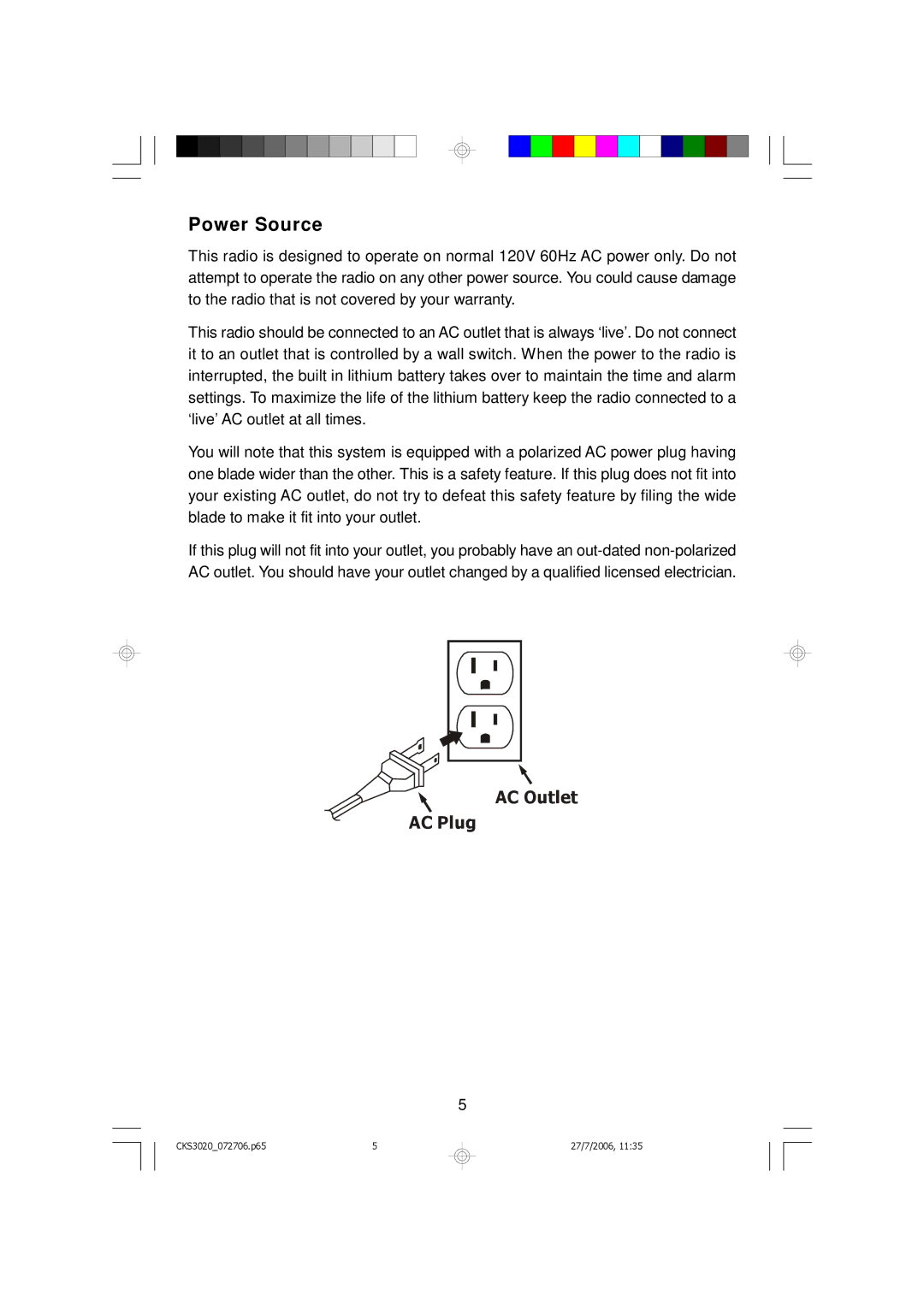 Emerson CKS3020 owner manual Power Source 