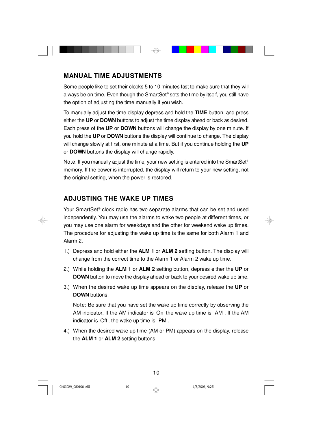 Emerson CKS3029 owner manual Manual Time Adjustments, Adjusting the Wake UP Times 