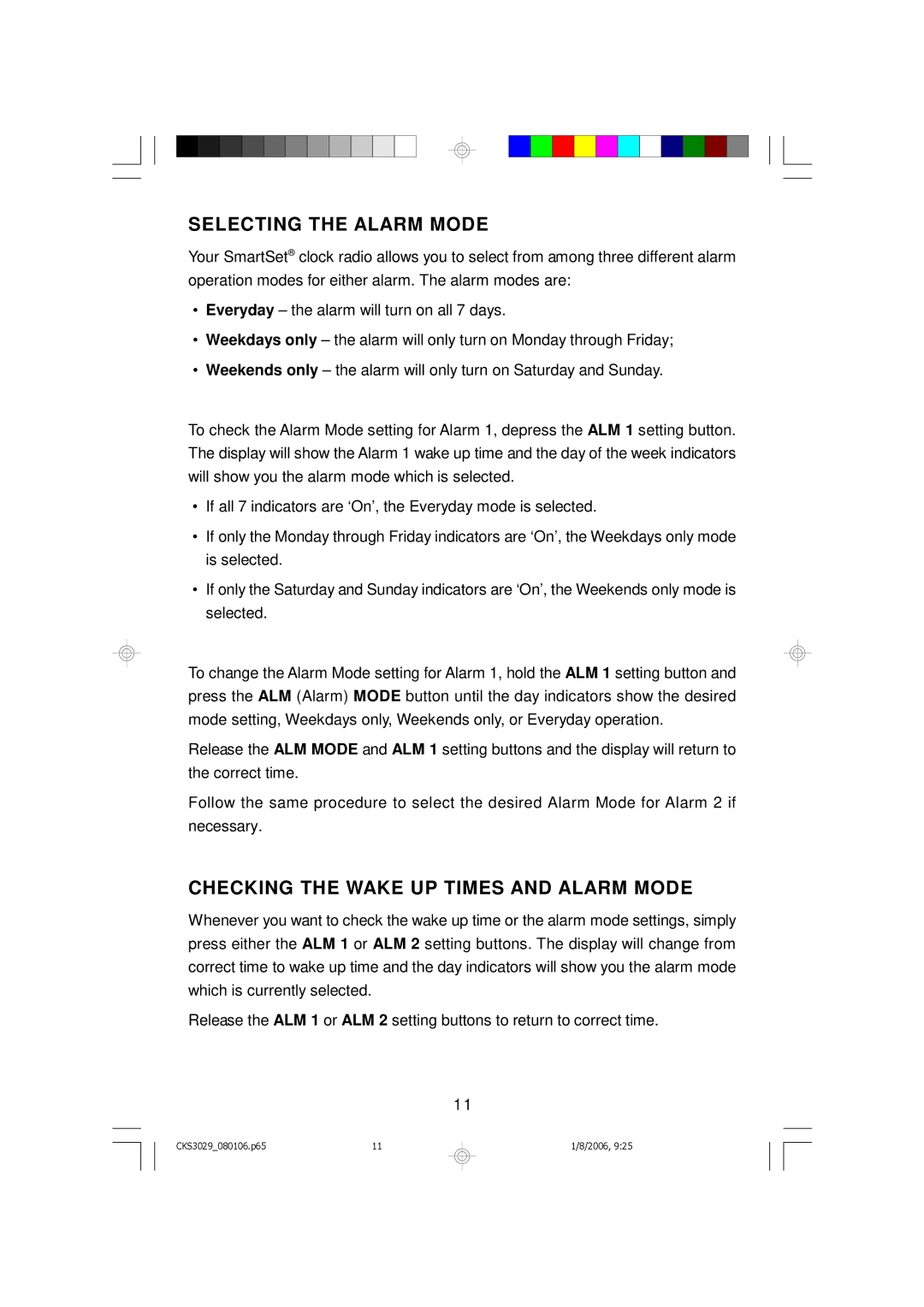 Emerson CKS3029 owner manual Selecting the Alarm Mode, Checking the Wake UP Times and Alarm Mode 