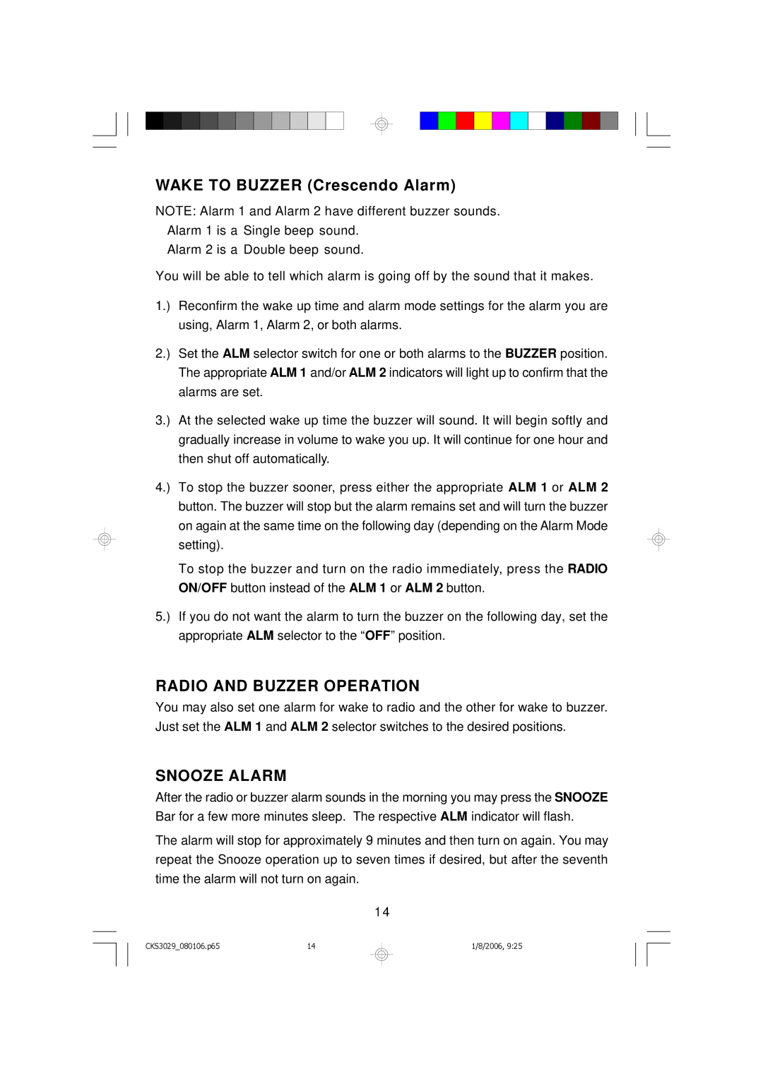 Emerson CKS3029 owner manual Radio and Buzzer Operation, Snooze Alarm 