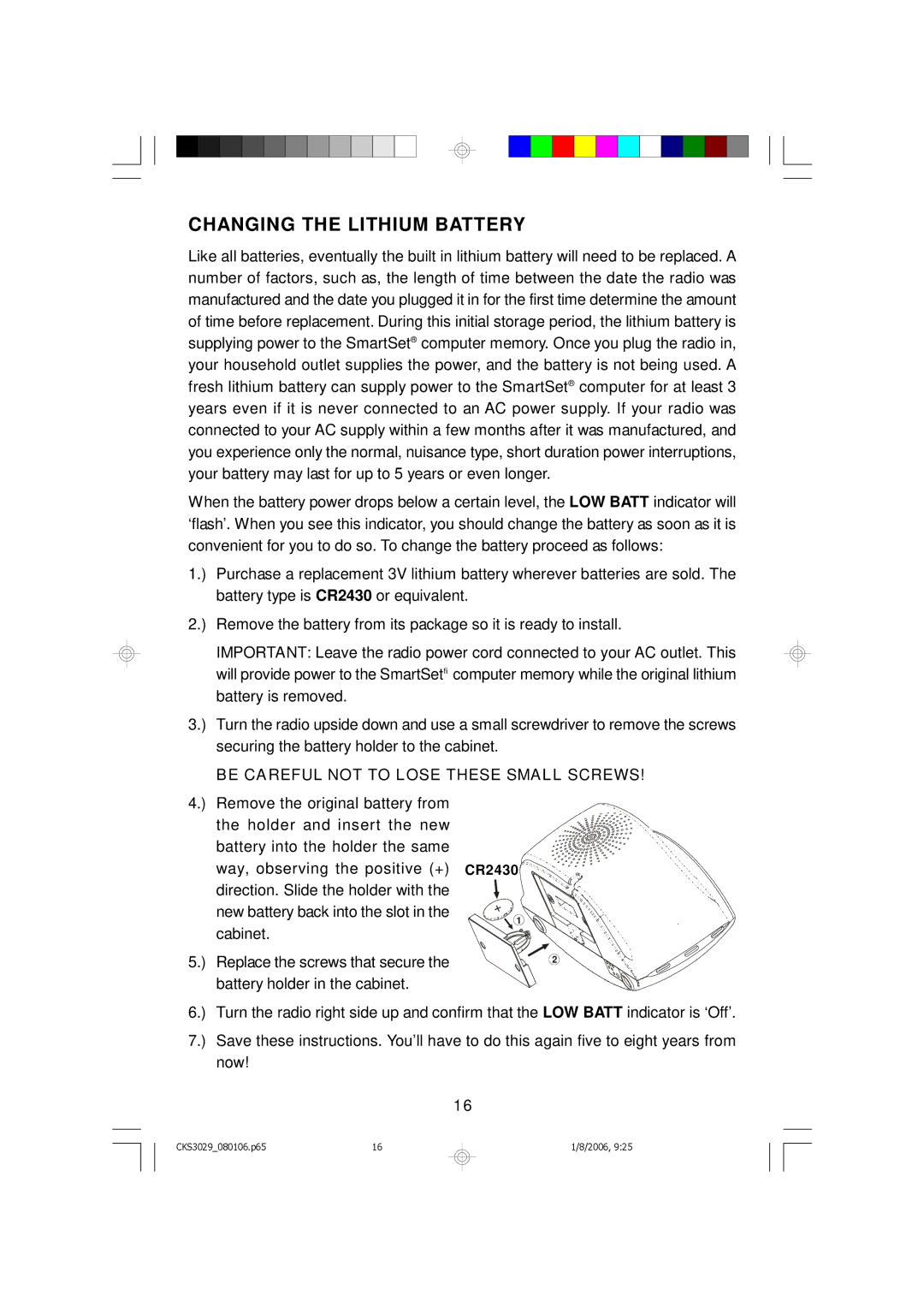 Emerson CKS3029 owner manual Changing the Lithium Battery, Be Careful not to Lose These Small Screws 