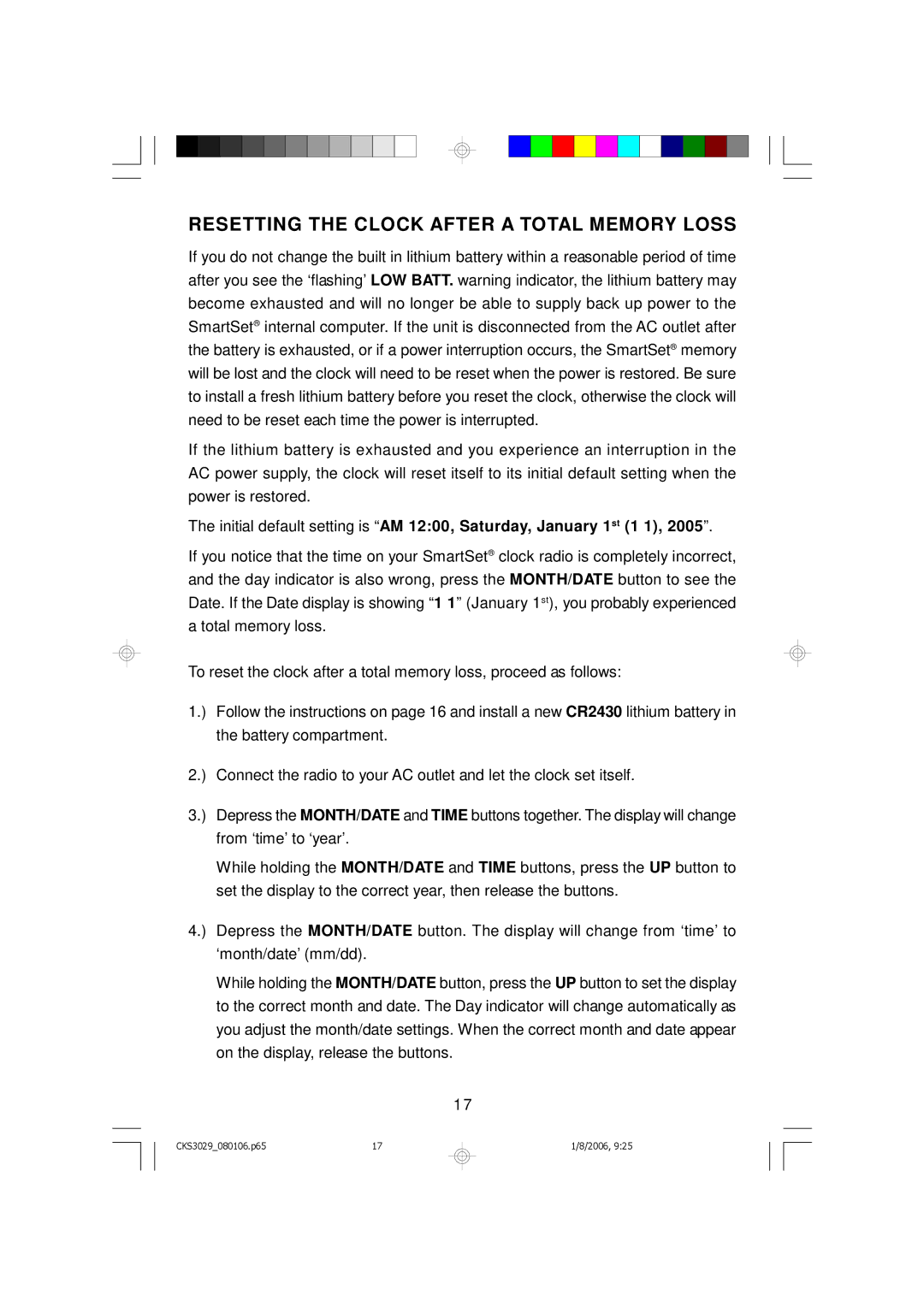 Emerson CKS3029 owner manual Resetting the Clock After a Total Memory Loss 