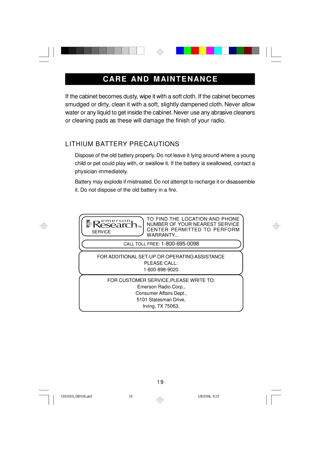 Emerson CKS3029 owner manual Care and M Aintenance, Lithium Battery Precautions 