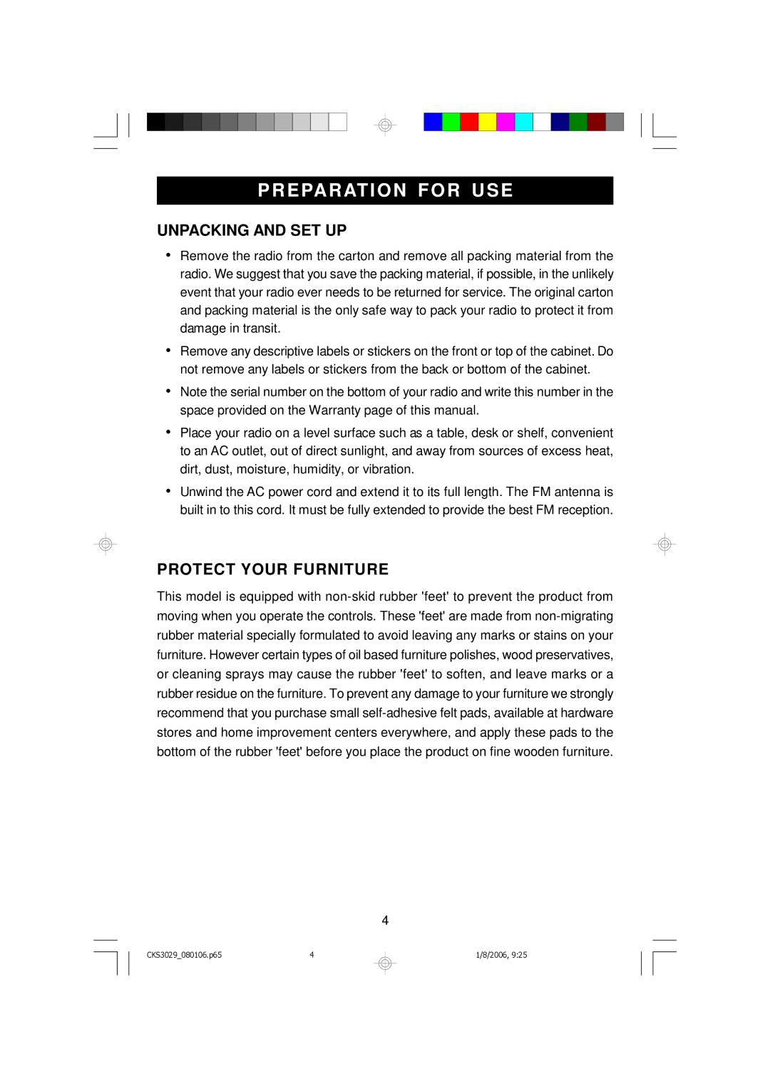 Emerson CKS3029 owner manual Preparation for USE, Unpacking and SET UP, Protect Your Furniture 