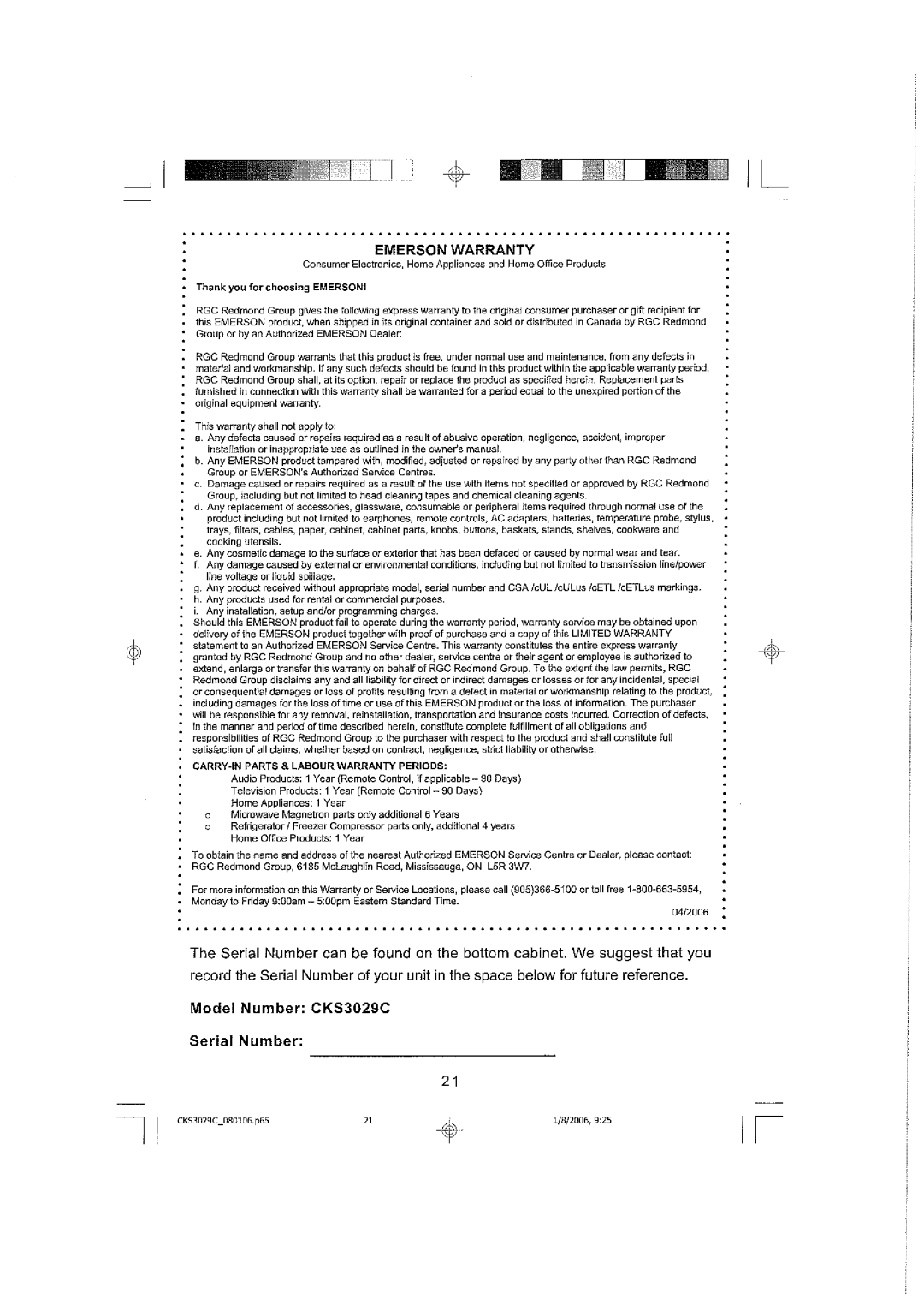 Emerson CKS3029C manual 