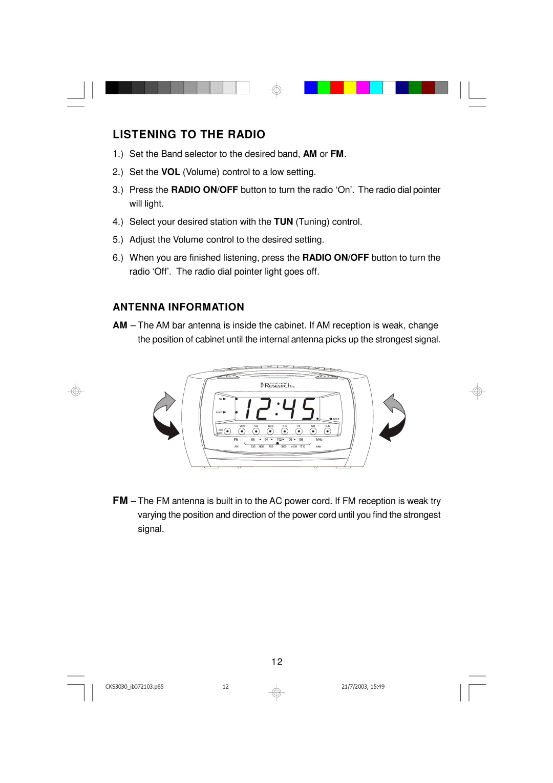 Emerson CKS3030 owner manual Listening to the Radio, Antenna Information 