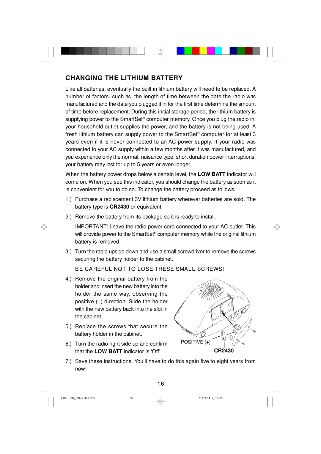 Emerson CKS3030 owner manual Changing the Lithium Battery, Be Careful not to Lose These Small Screws 