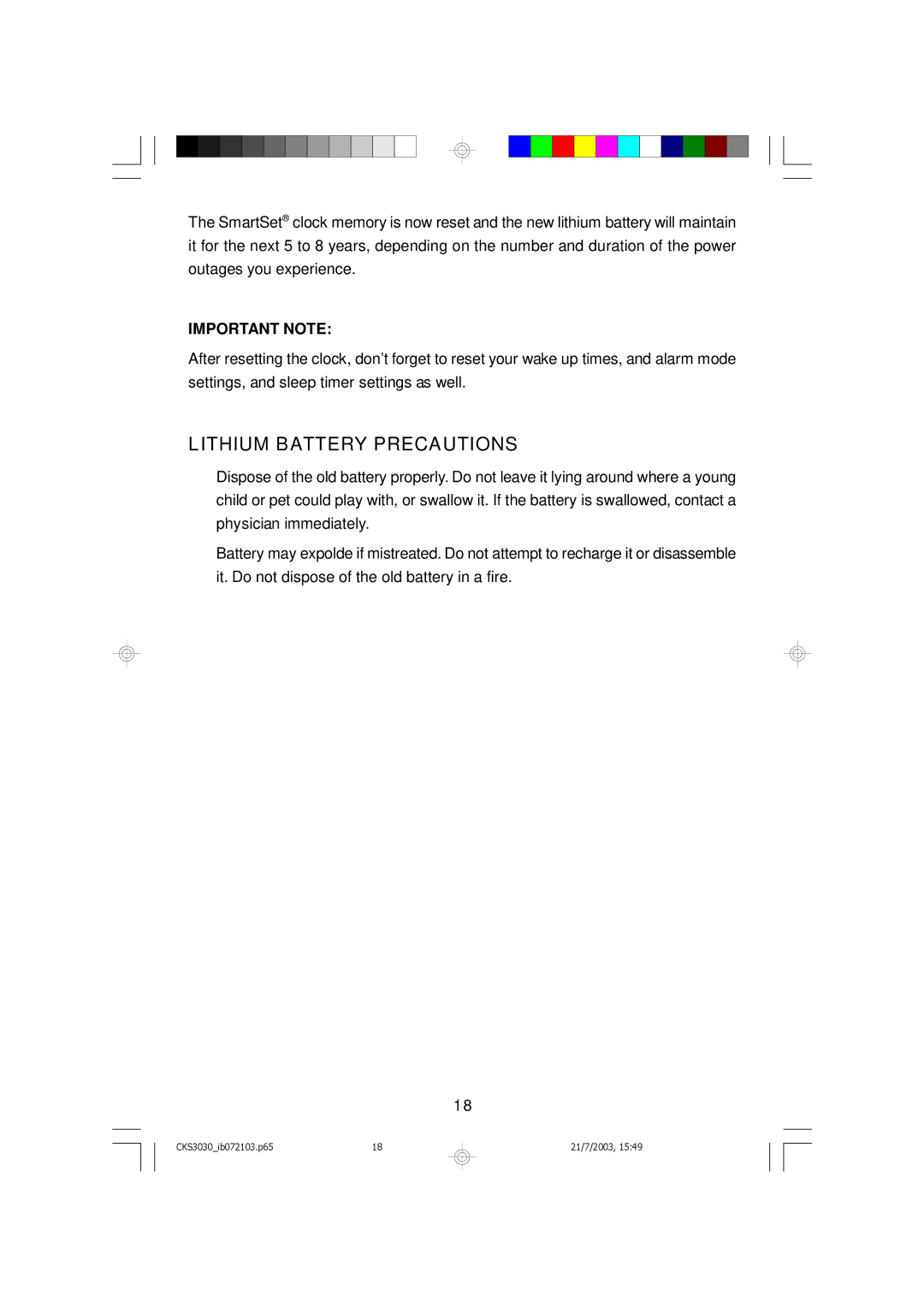 Emerson CKS3030 owner manual Lithium Battery Precautions 