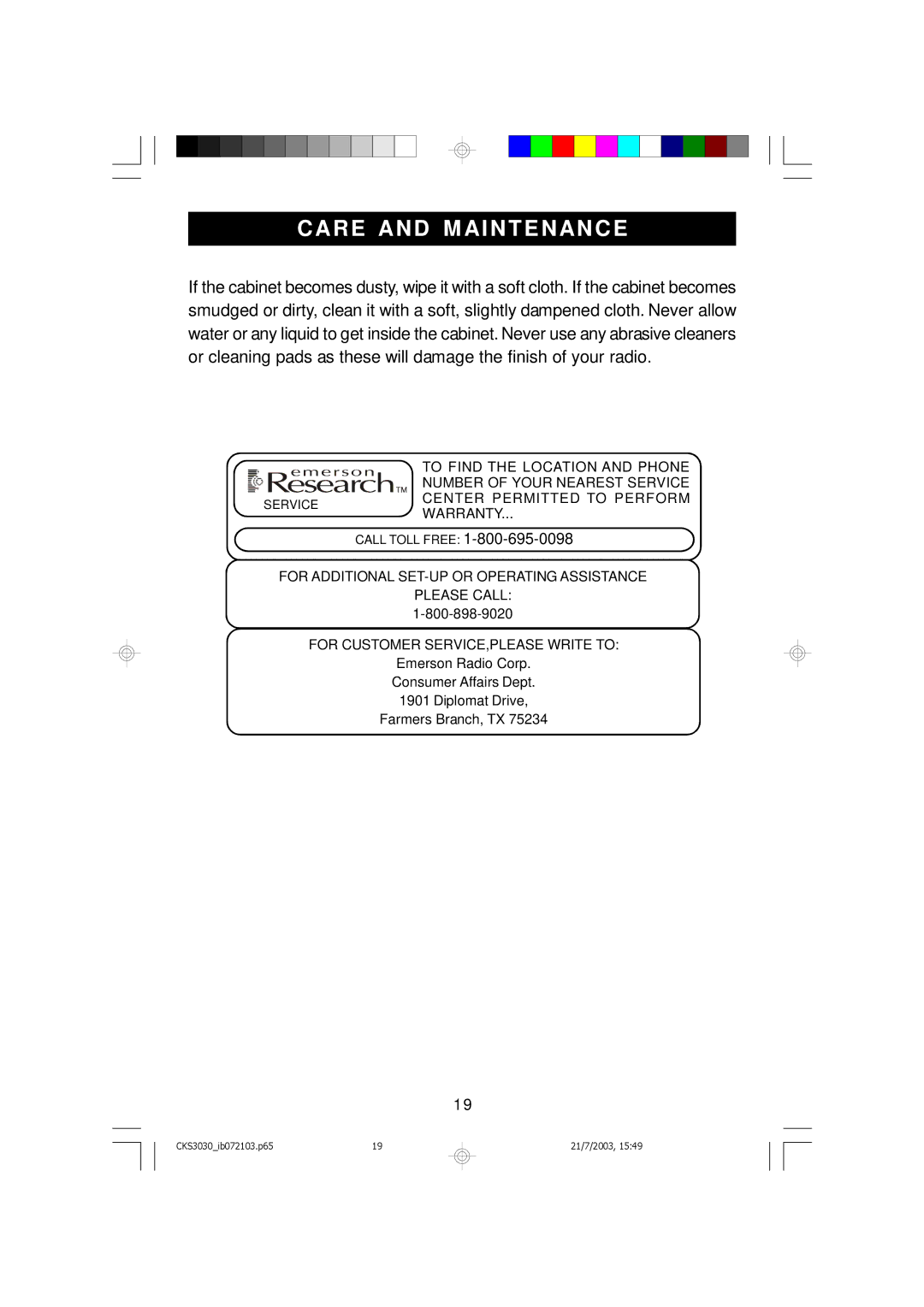 Emerson CKS3030 owner manual Care and M Aintenance 