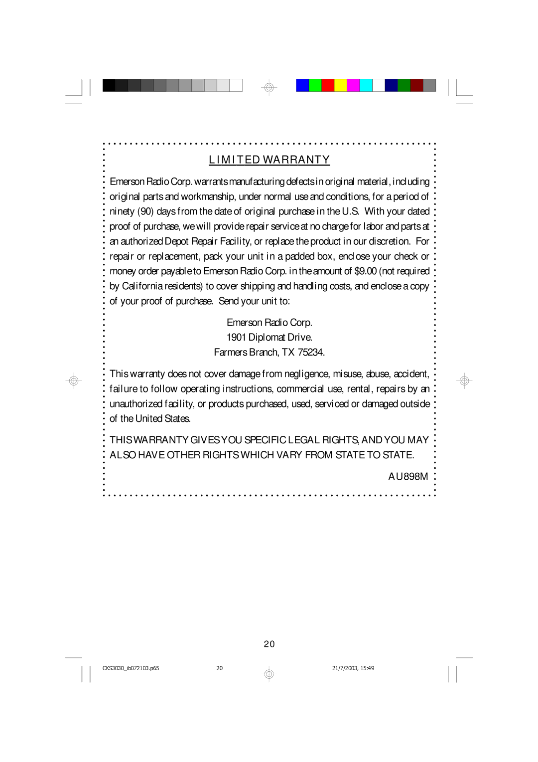 Emerson CKS3030 owner manual Limited Warranty 