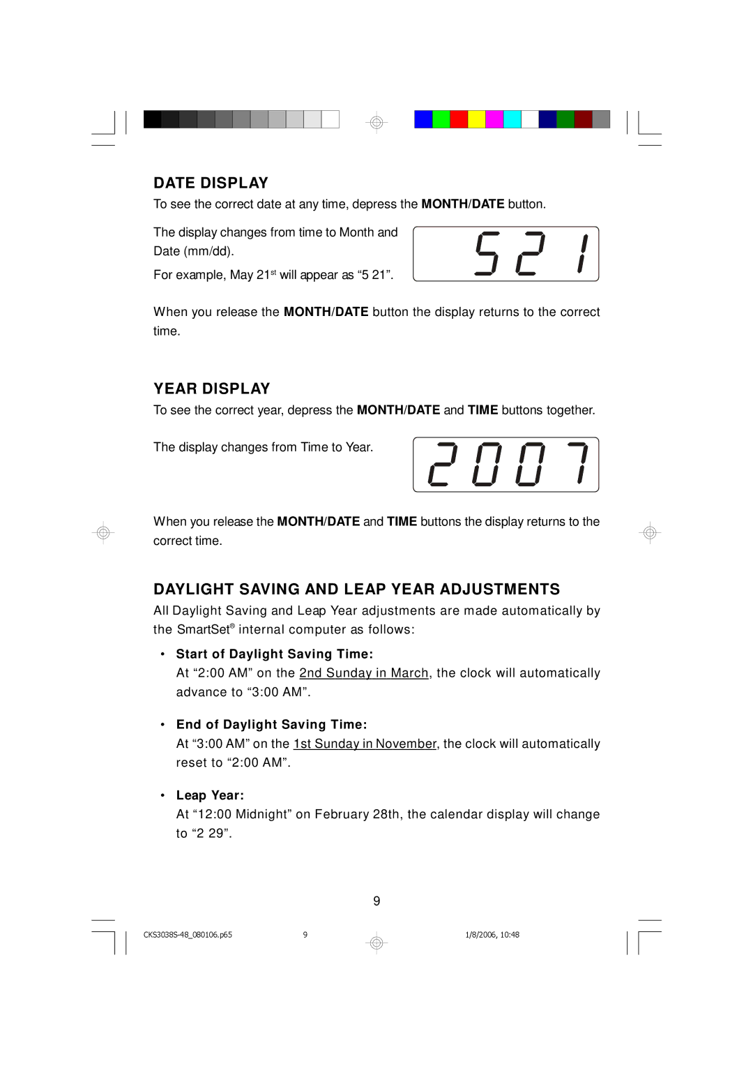 Emerson CKS3048, CKS3038S owner manual Date Display, Year Display, Daylight Saving and Leap Year Adjustments 