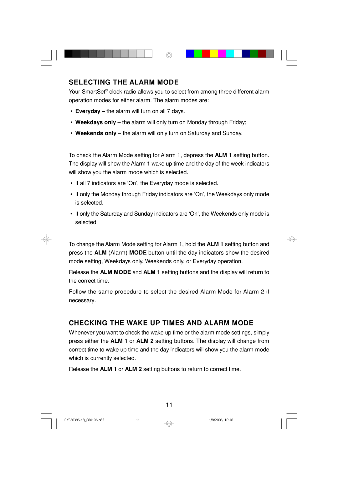 Emerson CKS3048, CKS3038S owner manual Selecting the Alarm Mode, Checking the Wake UP Times and Alarm Mode 