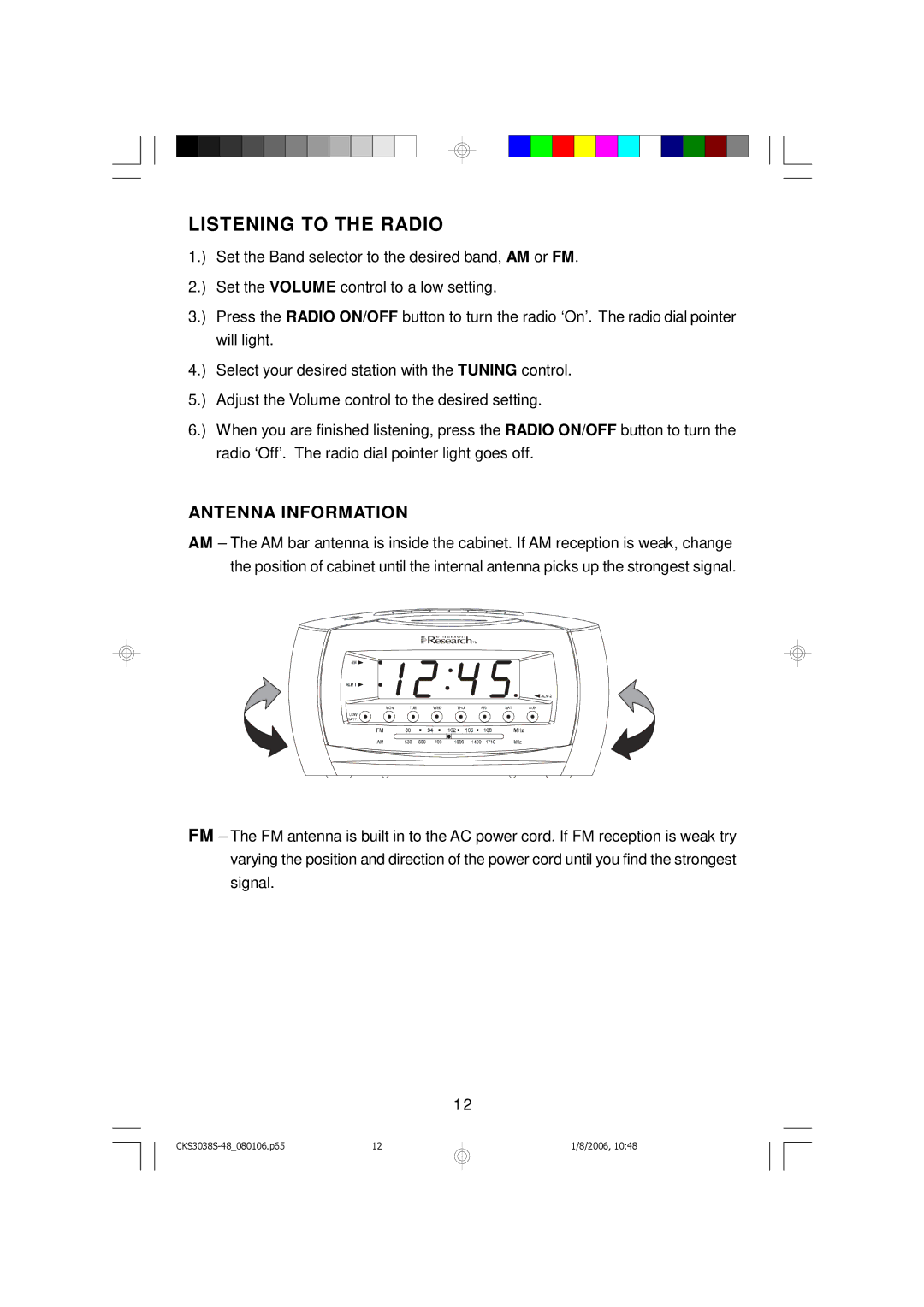 Emerson CKS3038S, CKS3048 owner manual Listening to the Radio, Antenna Information 