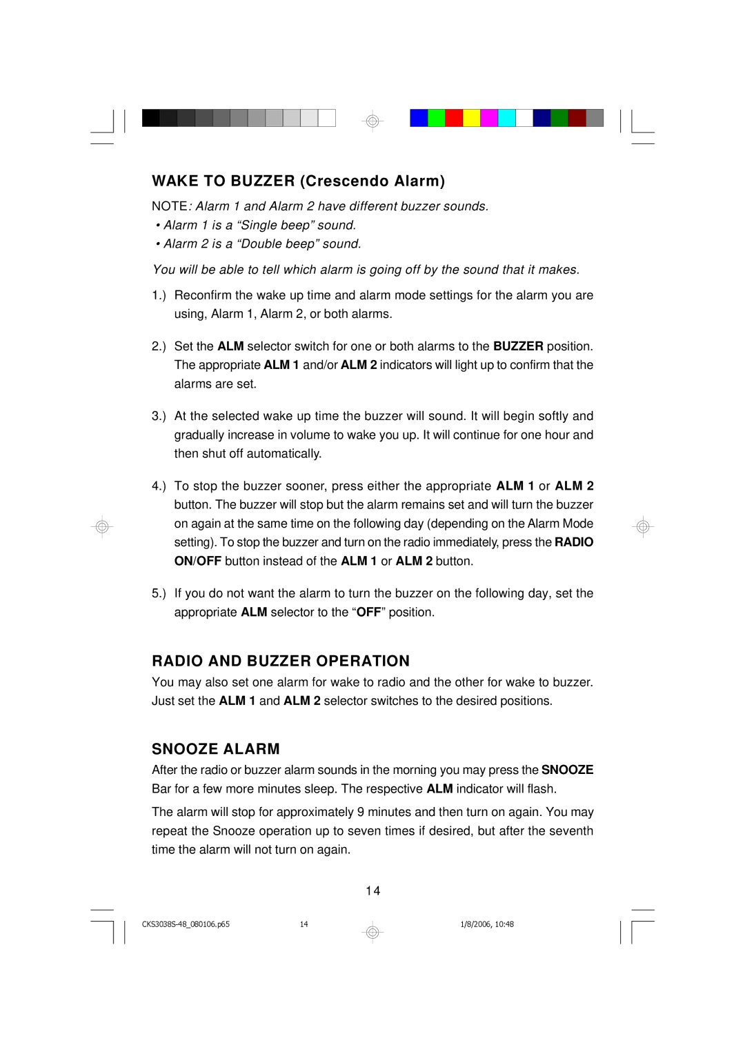 Emerson CKS3038S, CKS3048 owner manual Radio and Buzzer Operation, Snooze Alarm 