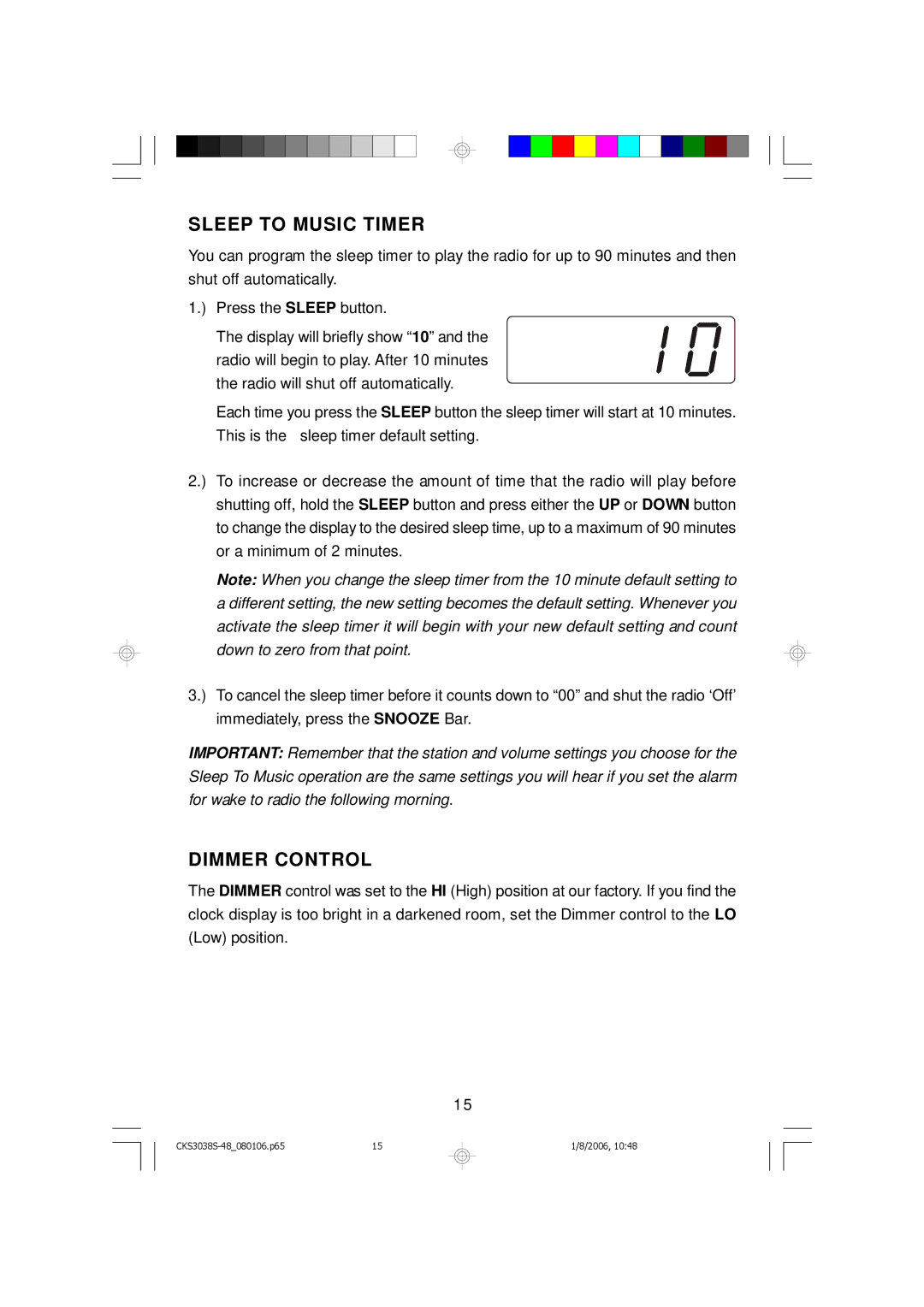 Emerson CKS3048, CKS3038S owner manual Sleep to Music Timer, Dimmer Control 