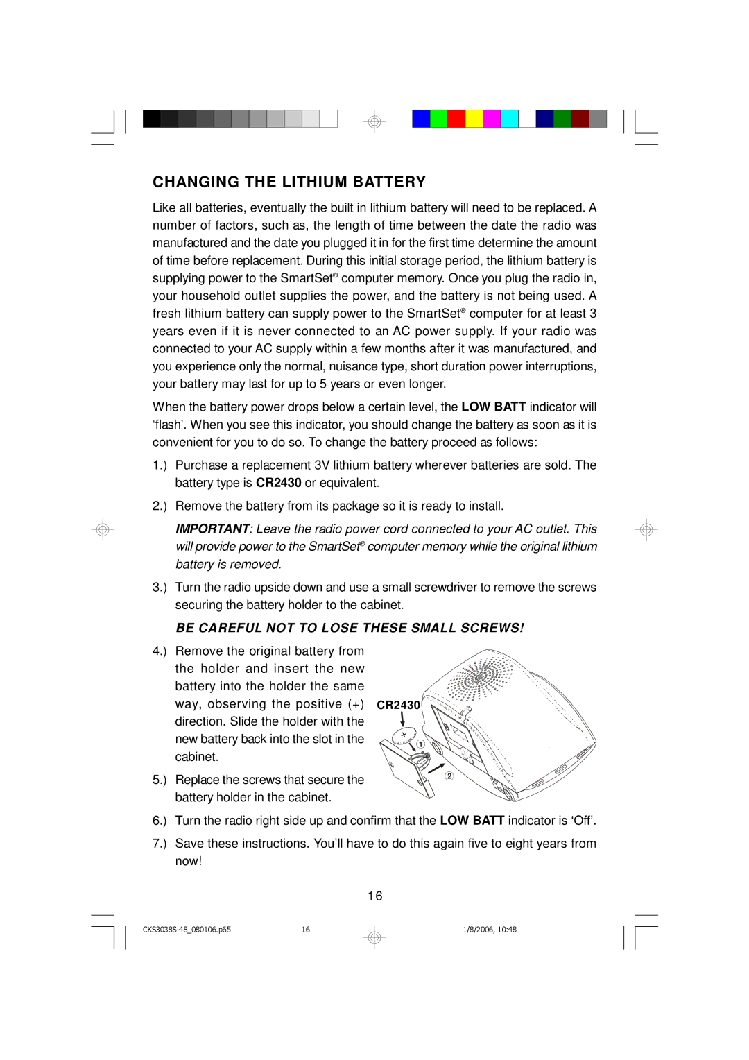 Emerson CKS3038S, CKS3048 owner manual Changing the Lithium Battery, Be Careful not to Lose These Small Screws 