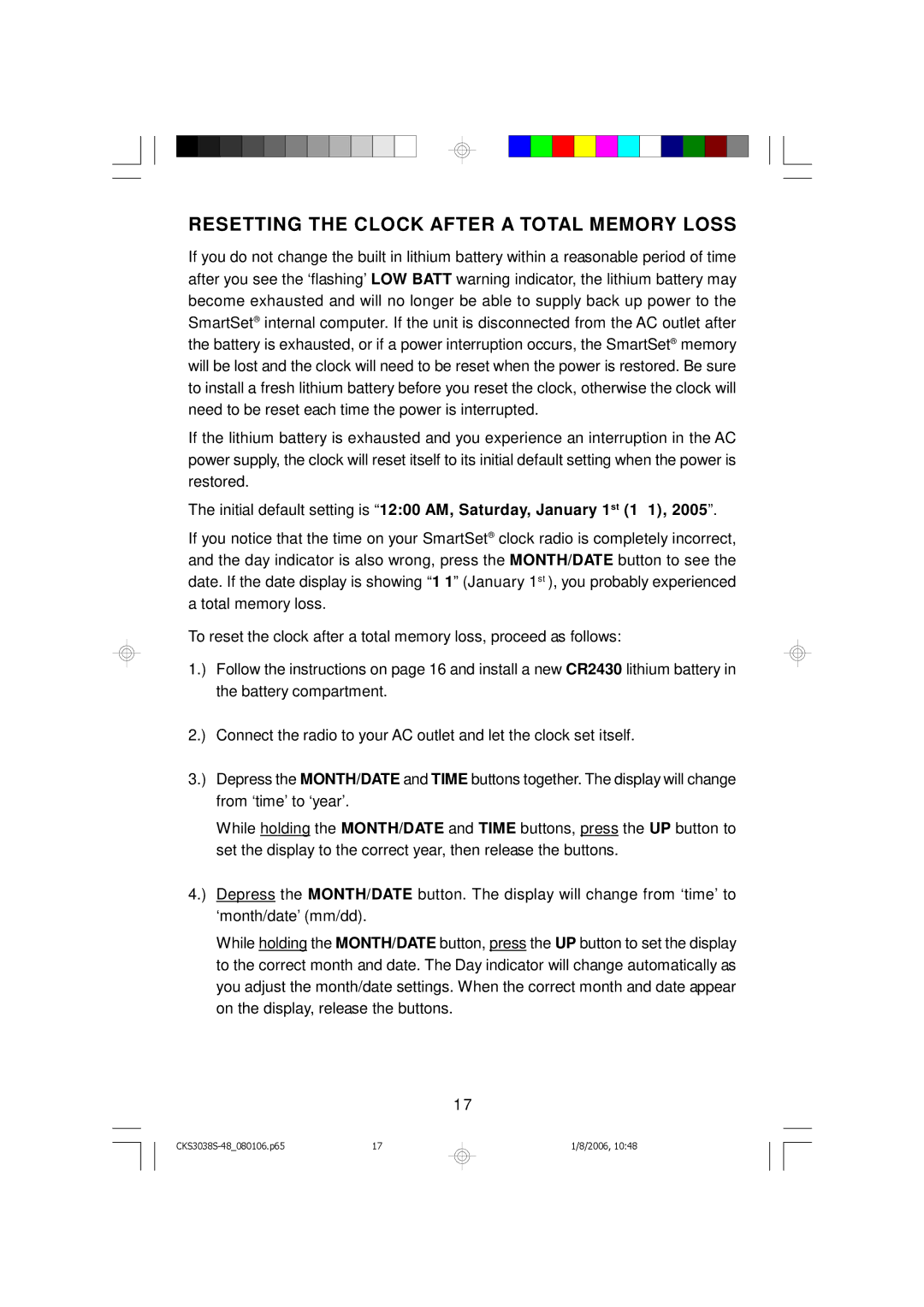 Emerson CKS3048, CKS3038S owner manual Resetting the Clock After a Total Memory Loss 