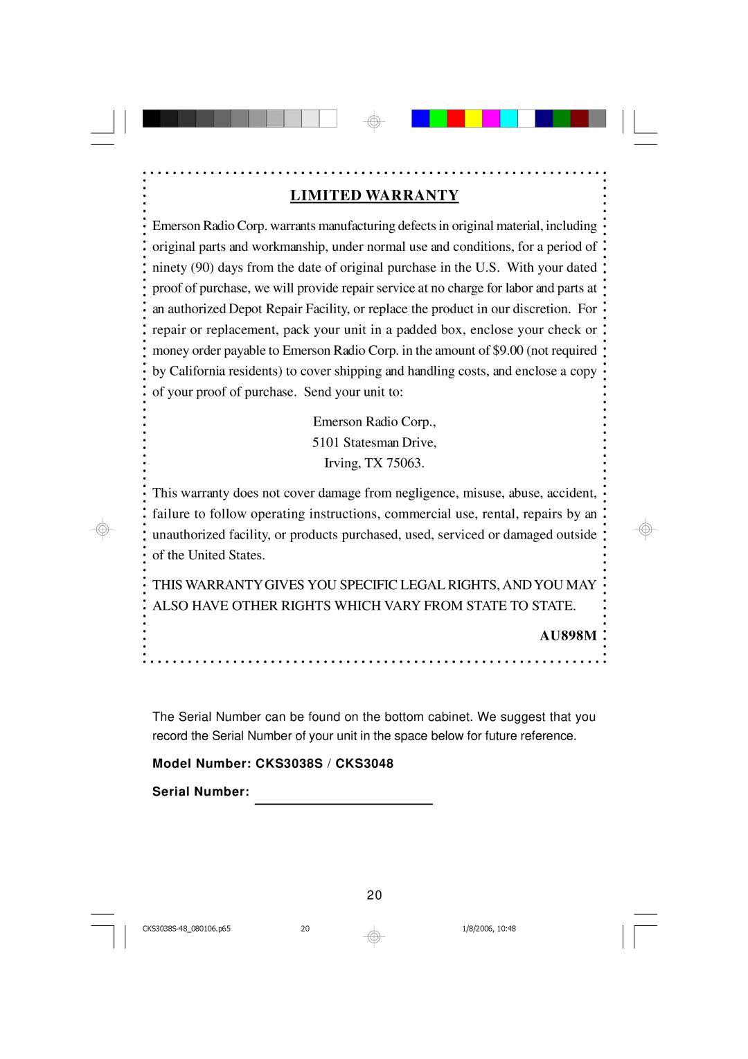 Emerson CKS3038S, CKS3048 owner manual Limited Warranty 