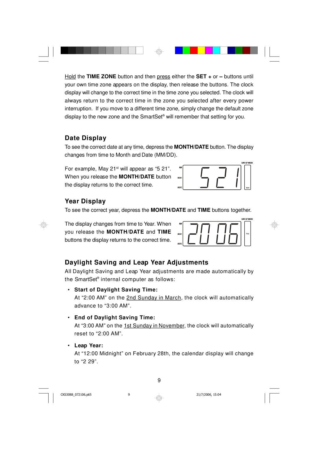 Emerson CKS3088 owner manual Date Display, Year Display, Daylight Saving and Leap Year Adjustments 