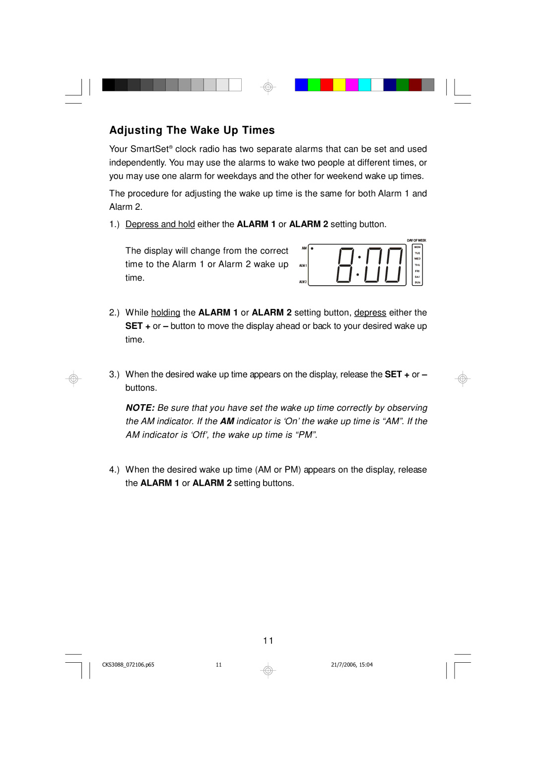 Emerson CKS3088 owner manual Adjusting The Wake Up Times 