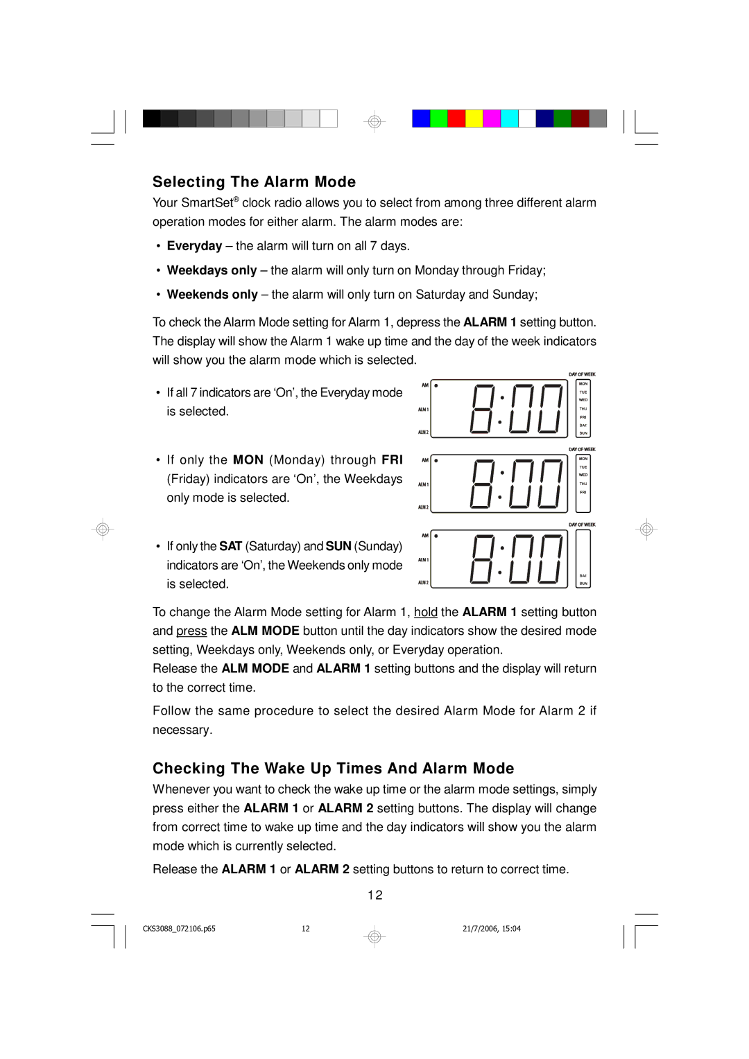 Emerson CKS3088 owner manual Selecting The Alarm Mode, Checking The Wake Up Times And Alarm Mode 