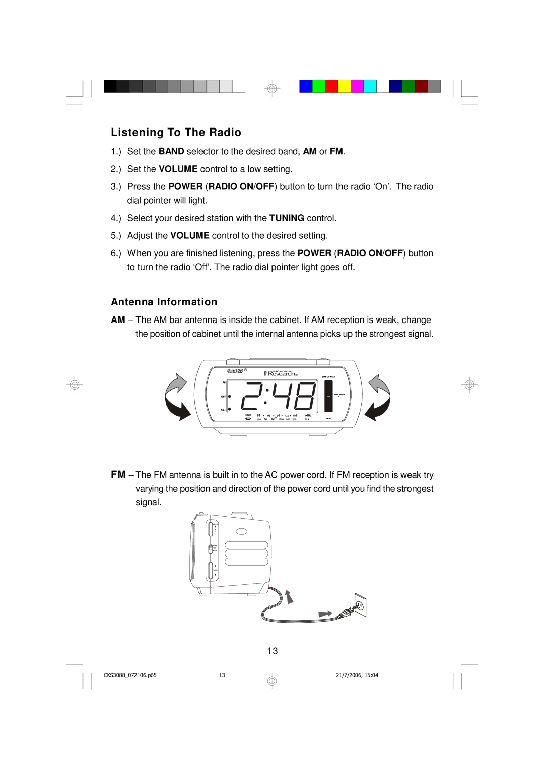 Emerson CKS3088 owner manual Listening To The Radio, Antenna Information 