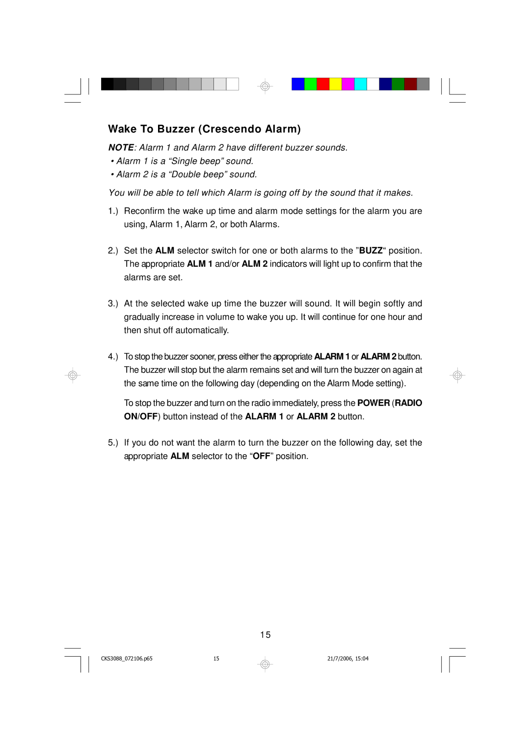 Emerson CKS3088 owner manual Wake To Buzzer Crescendo Alarm 