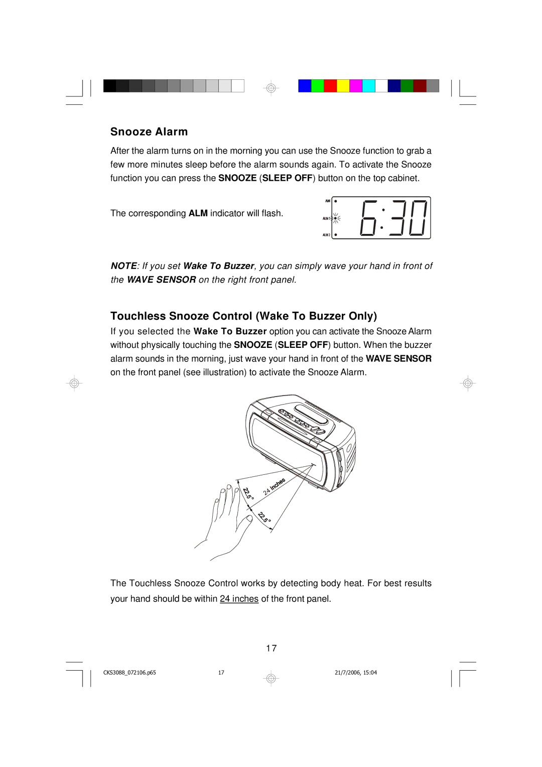 Emerson CKS3088 owner manual Snooze Alarm, Touchless Snooze Control Wake To Buzzer Only 