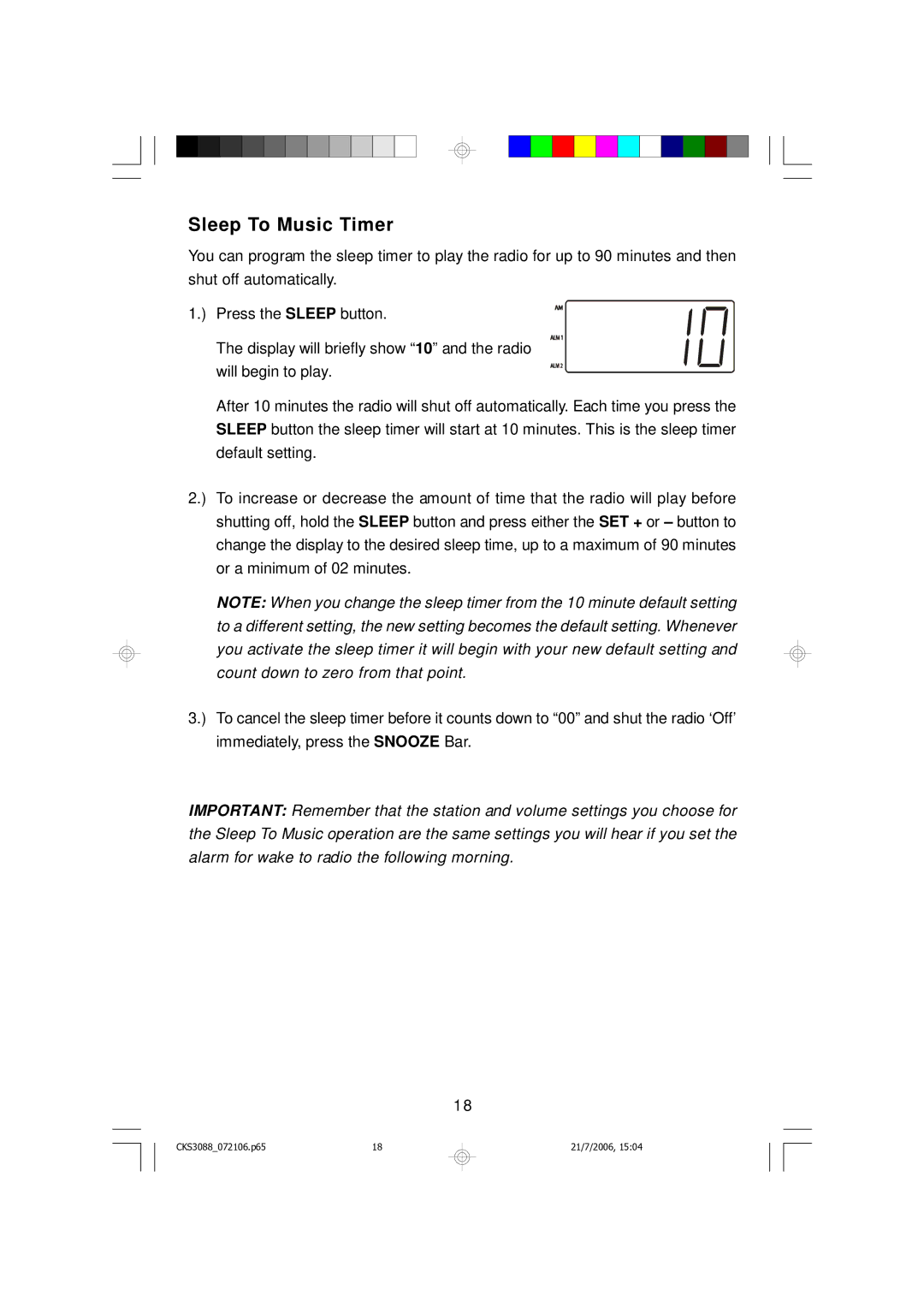 Emerson CKS3088 owner manual Sleep To Music Timer 