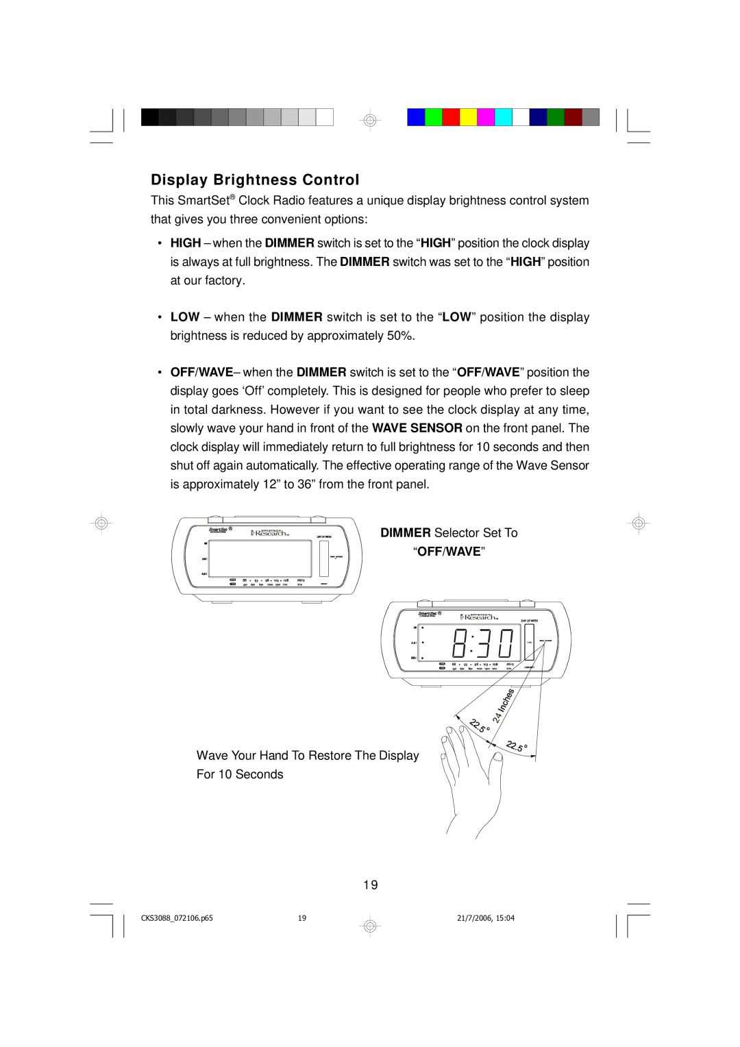 Emerson CKS3088 owner manual Display Brightness Control, Off/Wave 