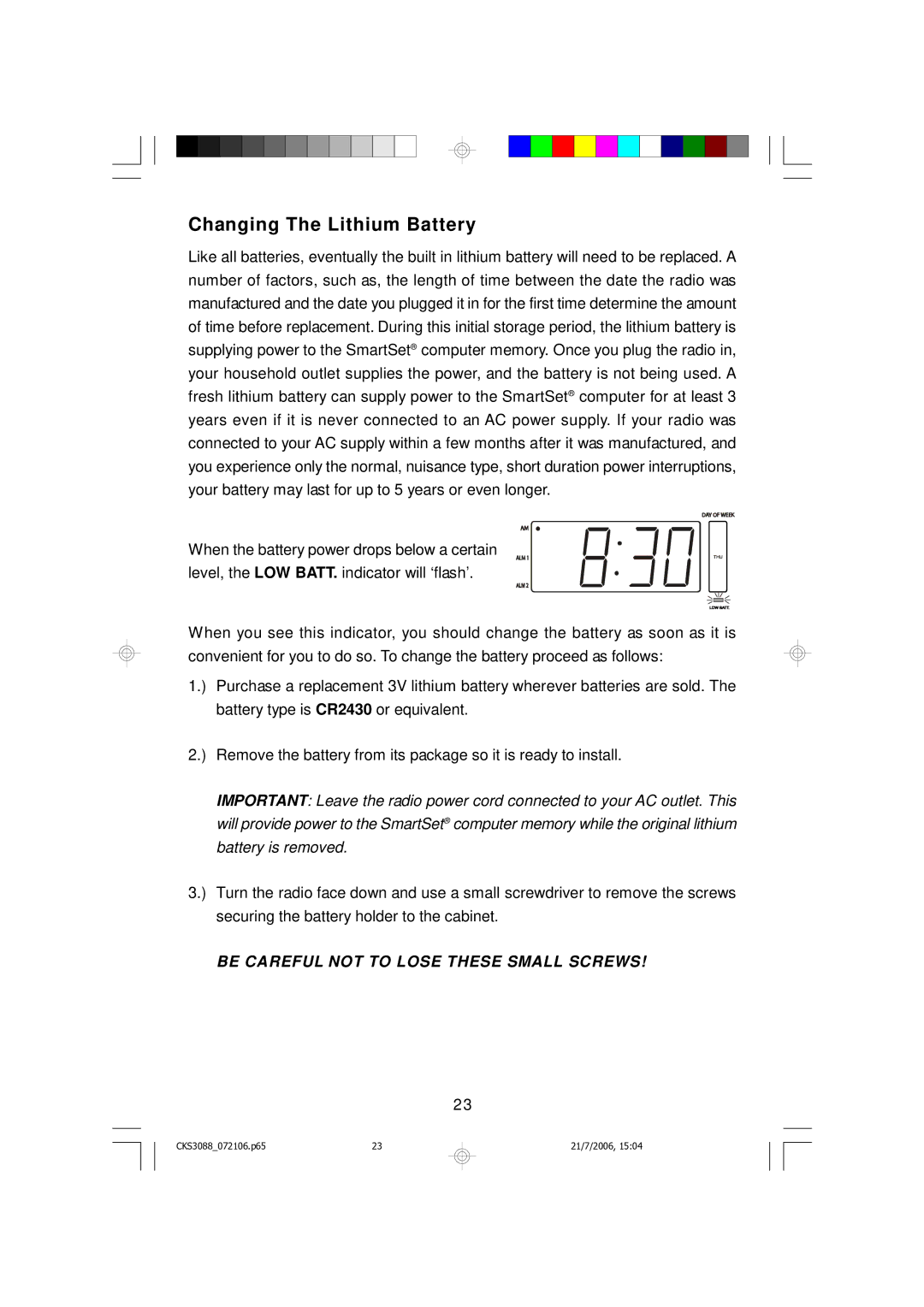 Emerson CKS3088 owner manual Changing The Lithium Battery, Be Careful not to Lose These Small Screws 