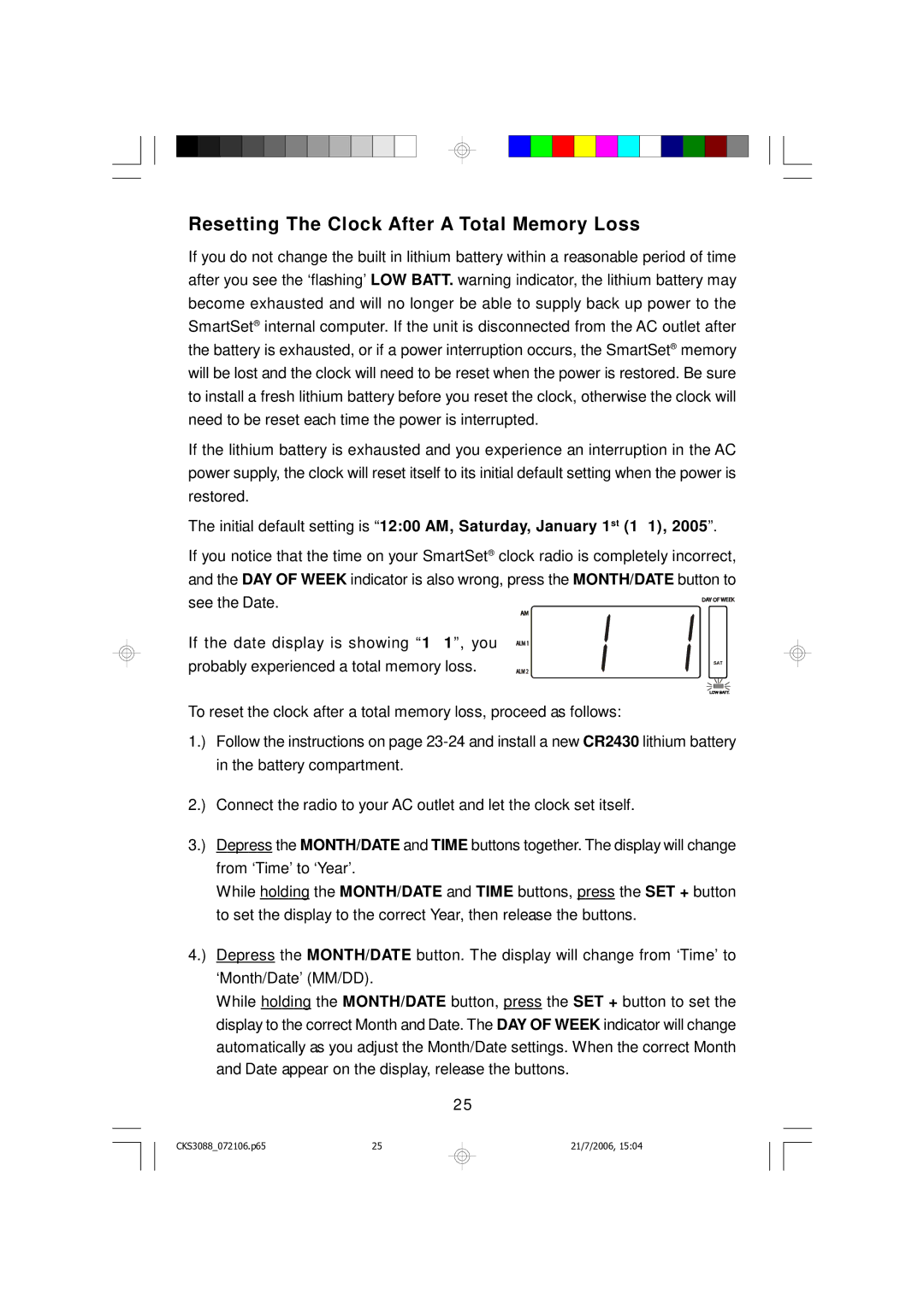 Emerson CKS3088 owner manual Resetting The Clock After a Total Memory Loss 