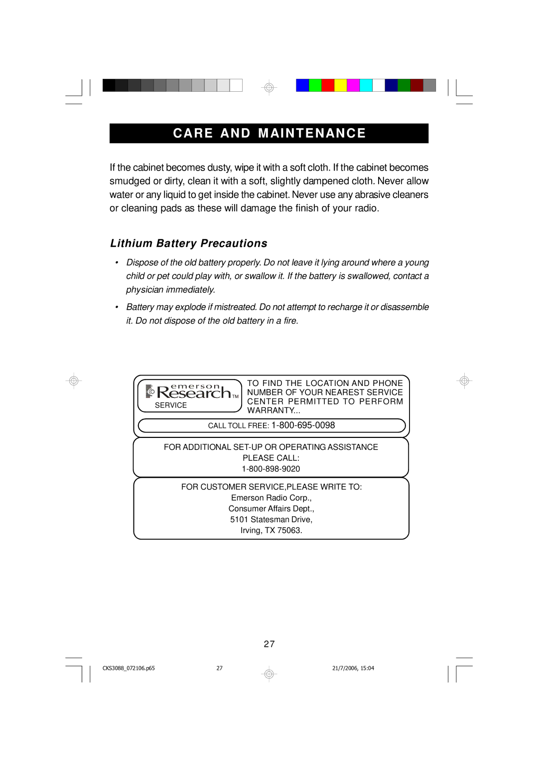 Emerson CKS3088 owner manual Care and M Aintenance 