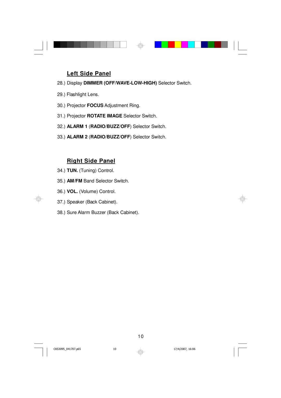 Emerson CKS3095B, CKS3095S owner manual Left Side Panel, Right Side Panel 