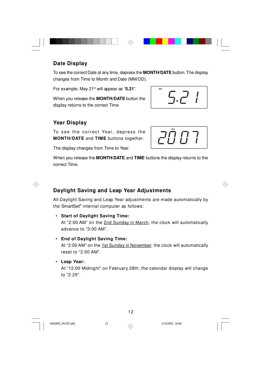 Emerson CKS3095B, CKS3095S owner manual Date Display, Year Display, Daylight Saving and Leap Year Adjustments 