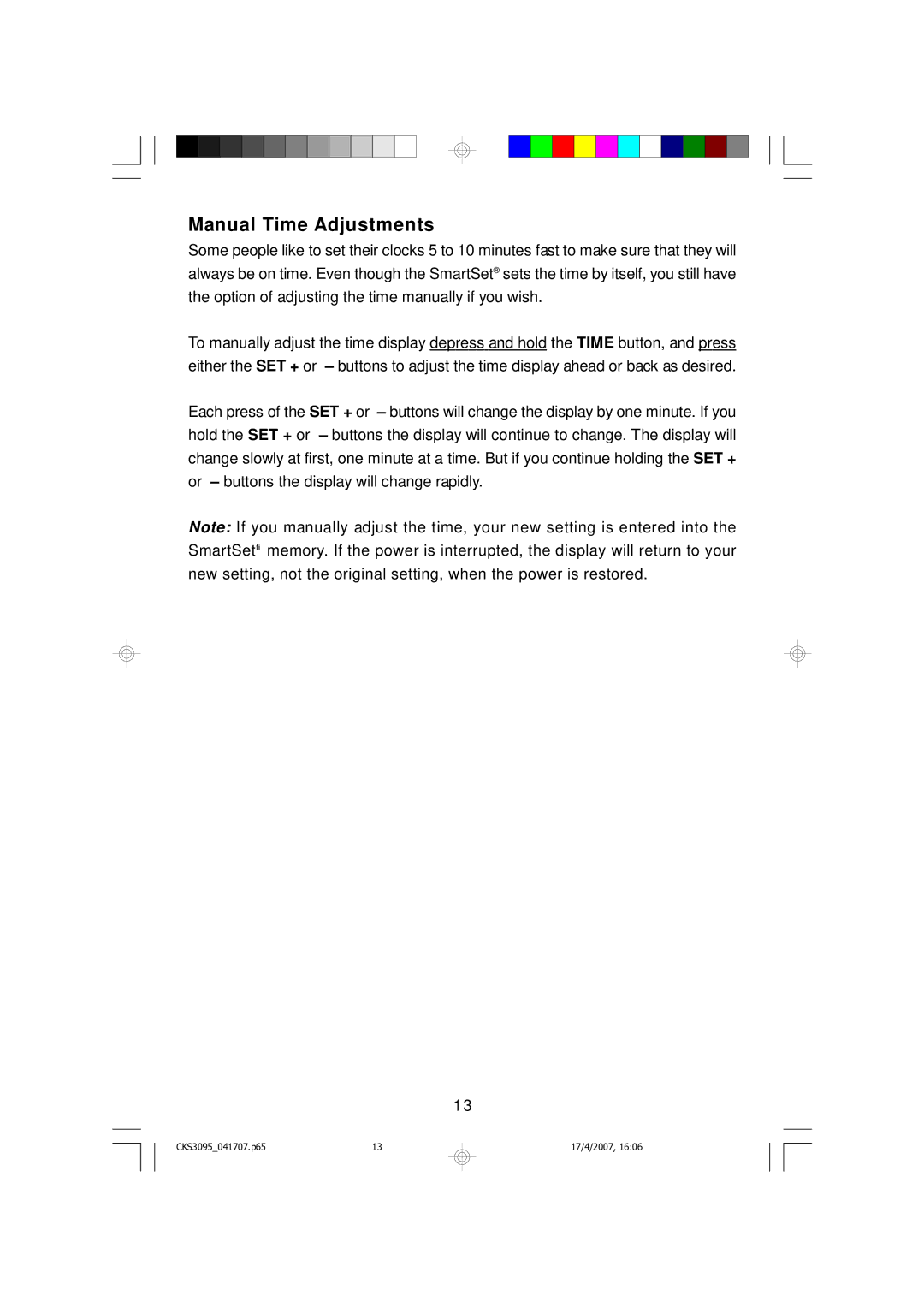 Emerson CKS3095S, CKS3095B owner manual Manual Time Adjustments 