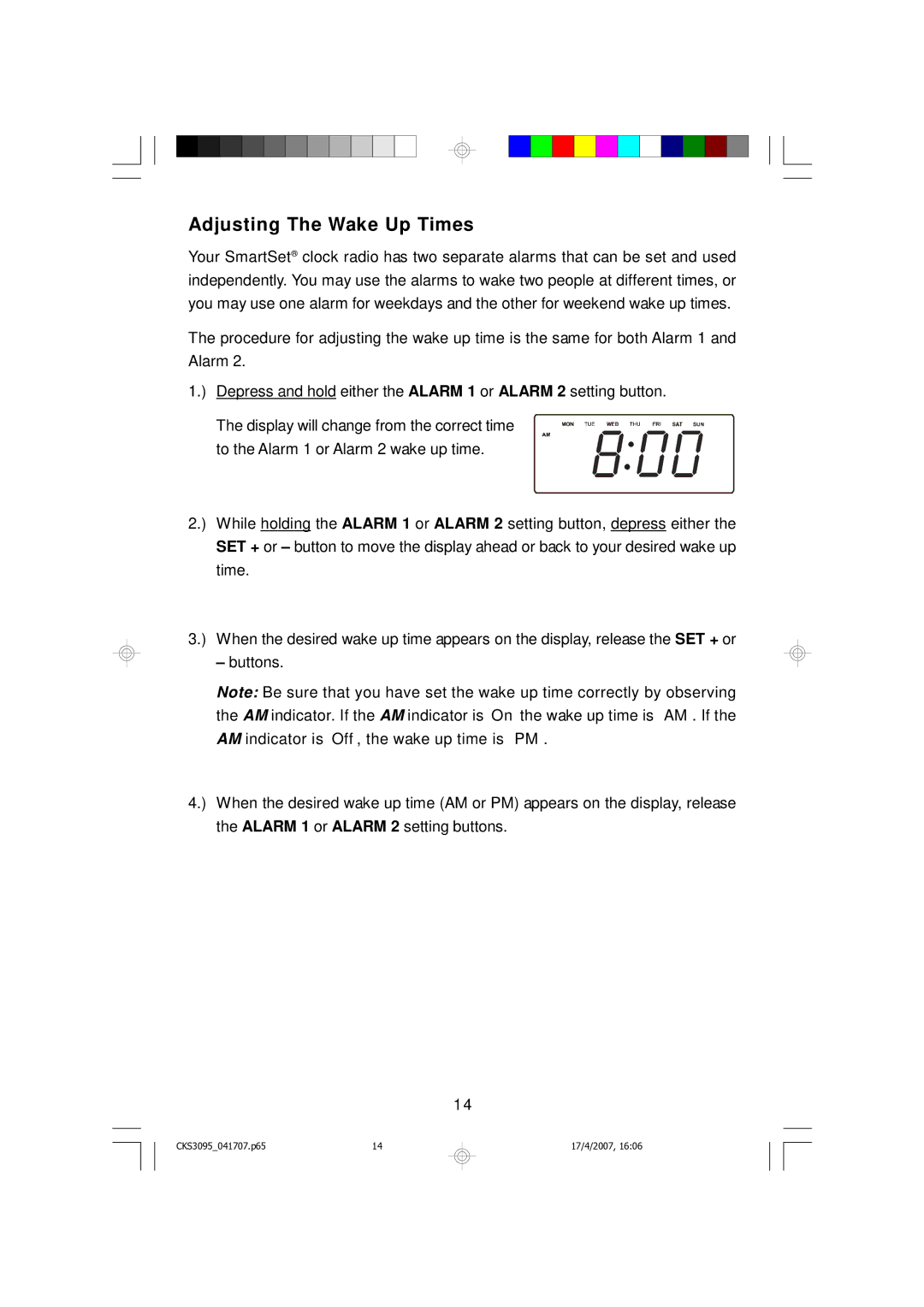 Emerson CKS3095B, CKS3095S owner manual Adjusting The Wake Up Times 