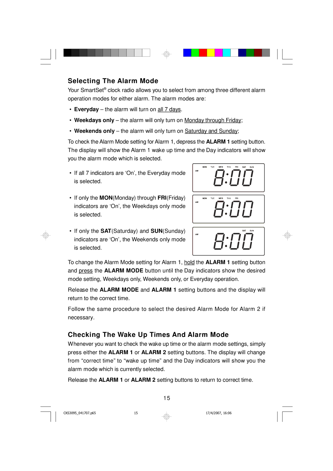 Emerson CKS3095S, CKS3095B owner manual Selecting The Alarm Mode, Checking The Wake Up Times And Alarm Mode 