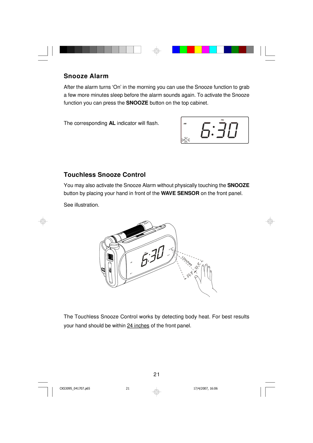 Emerson CKS3095S, CKS3095B owner manual Snooze Alarm, Touchless Snooze Control 