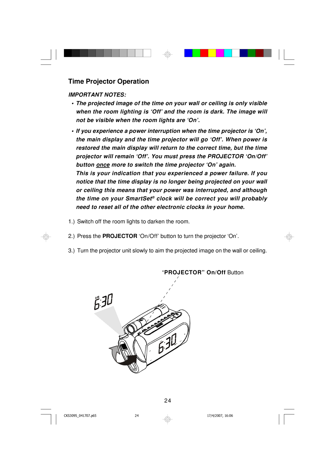 Emerson CKS3095B, CKS3095S owner manual Time Projector Operation, Important Notes 