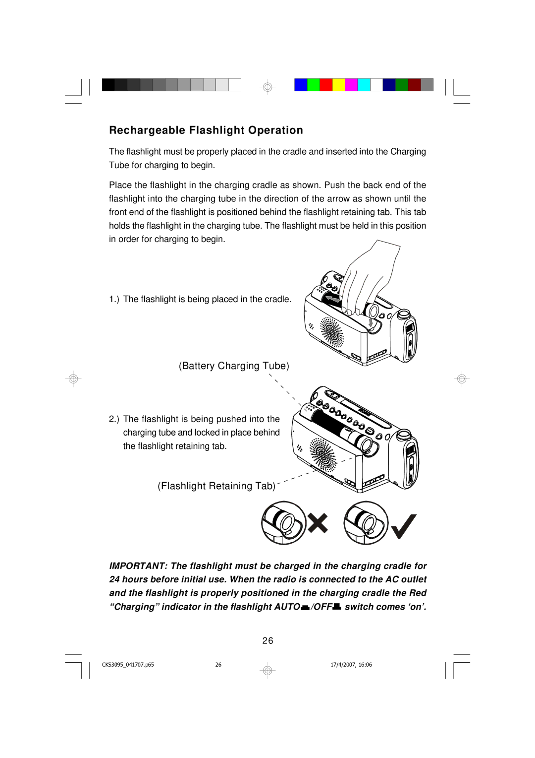 Emerson CKS3095B, CKS3095S owner manual Rechargeable Flashlight Operation, Battery Charging Tube 